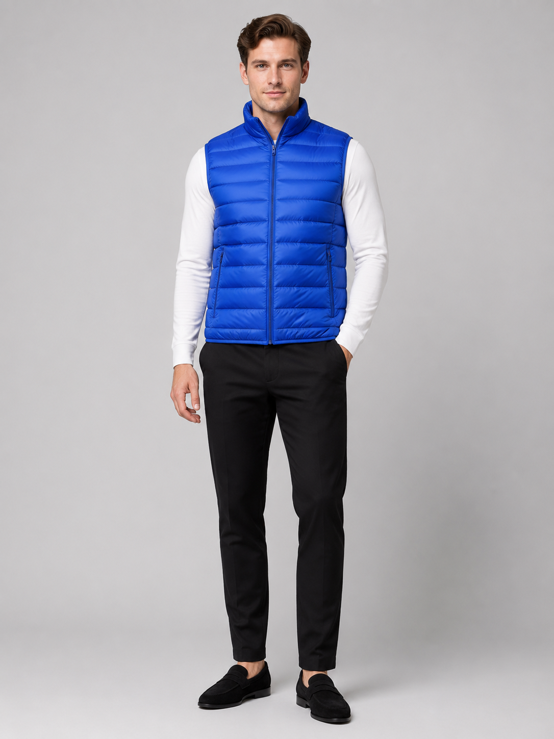 Blue ultralight down vest for men warm sleeveless winter layer for travel and everyday wear