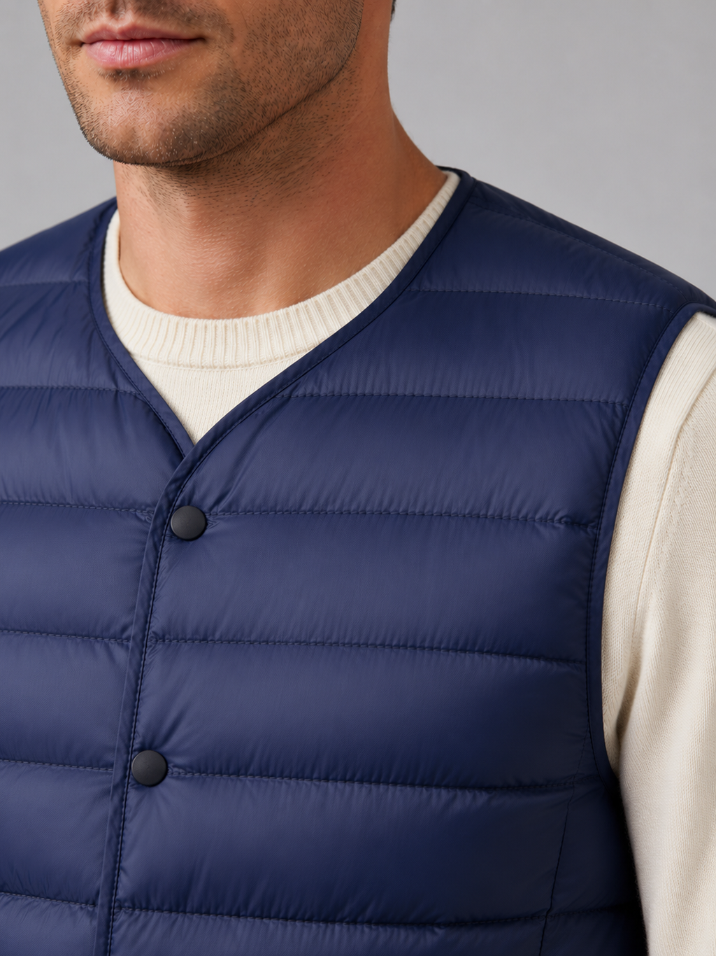 Close up of blue down puffer vest showing lightweight quilted insulation, button front, and weather resistant fabric detail