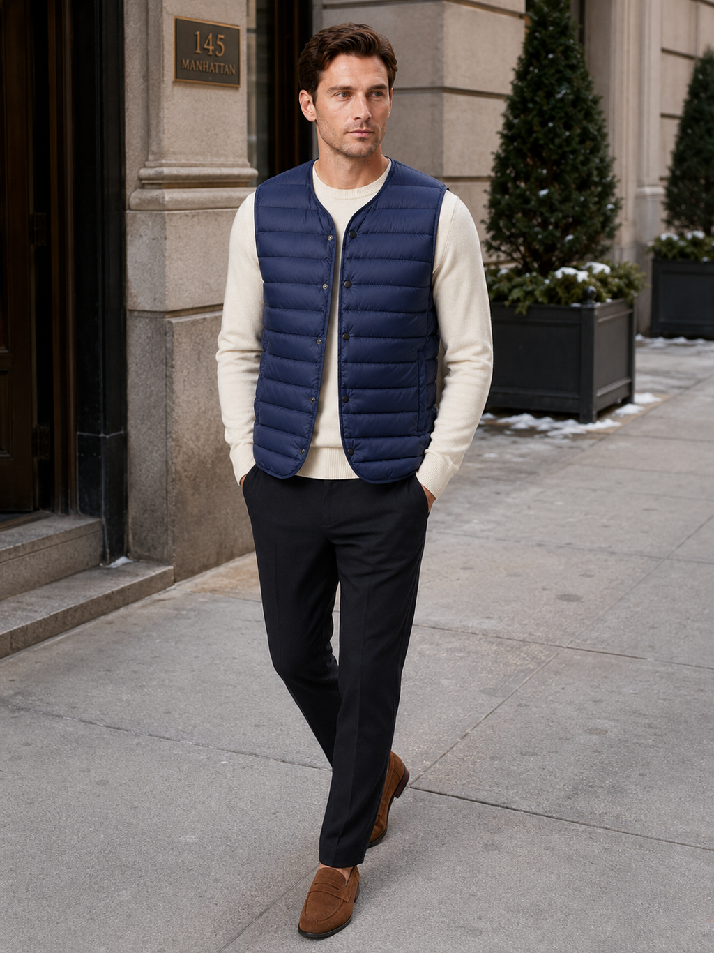 Man styling blue down vest in a classic outdoor and everyday winter lifestyle outfit