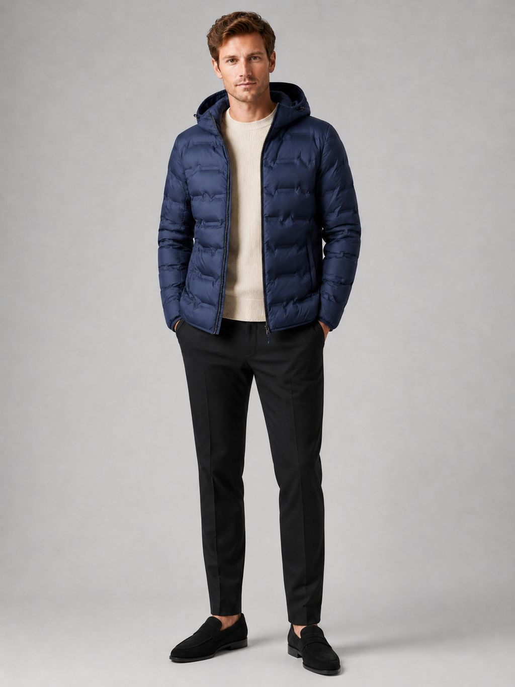 Blue duck down hooded puffer jacket for men warm fall winter coat for travel and everyday wear