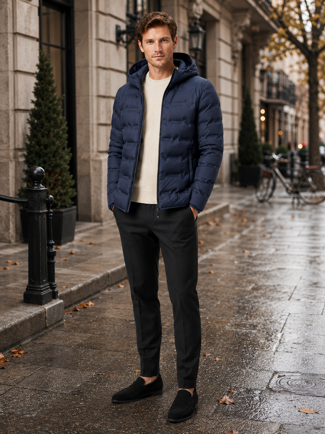 Man styling blue duck down hooded puffer jacket in a rugged travel and everyday winter lifestyle outfit