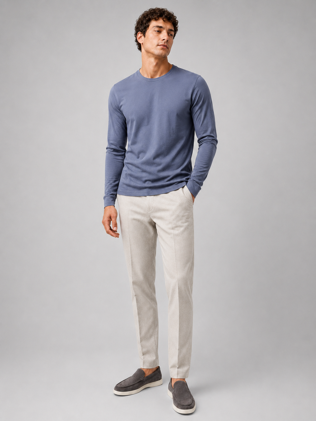 Men’s pastel blue crew neck long sleeve shirt slim fit comfortable spring wear