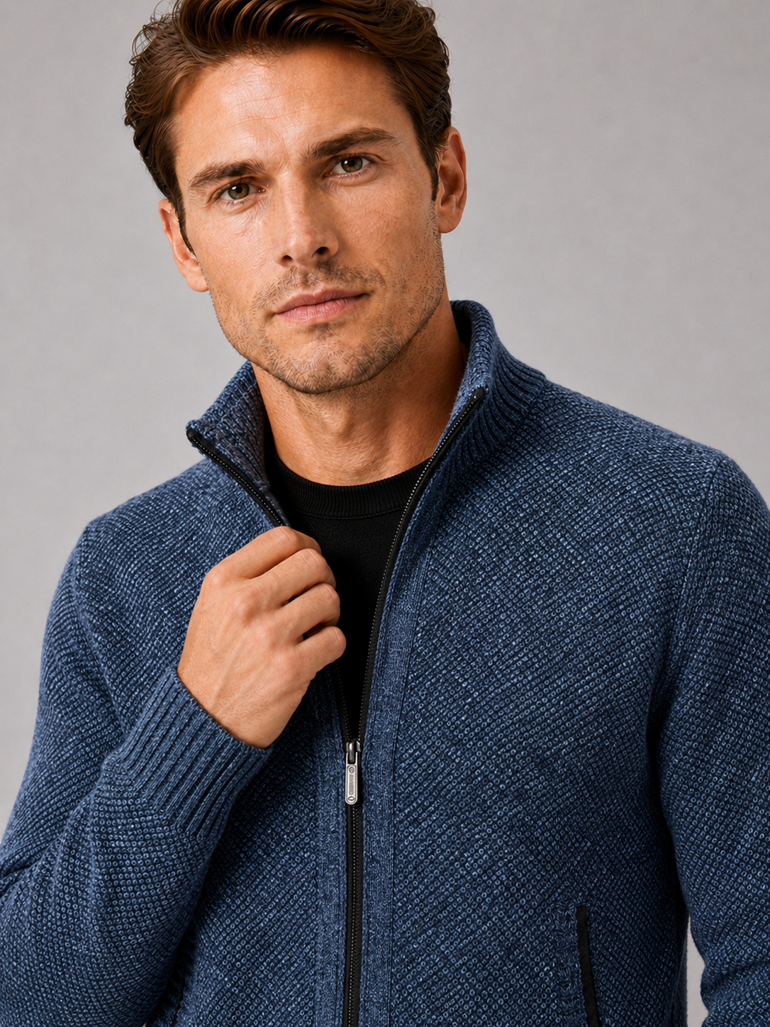 Close up of blue fleece cardigan showing soft knit texture, full zip front, and warm fleece lining detail