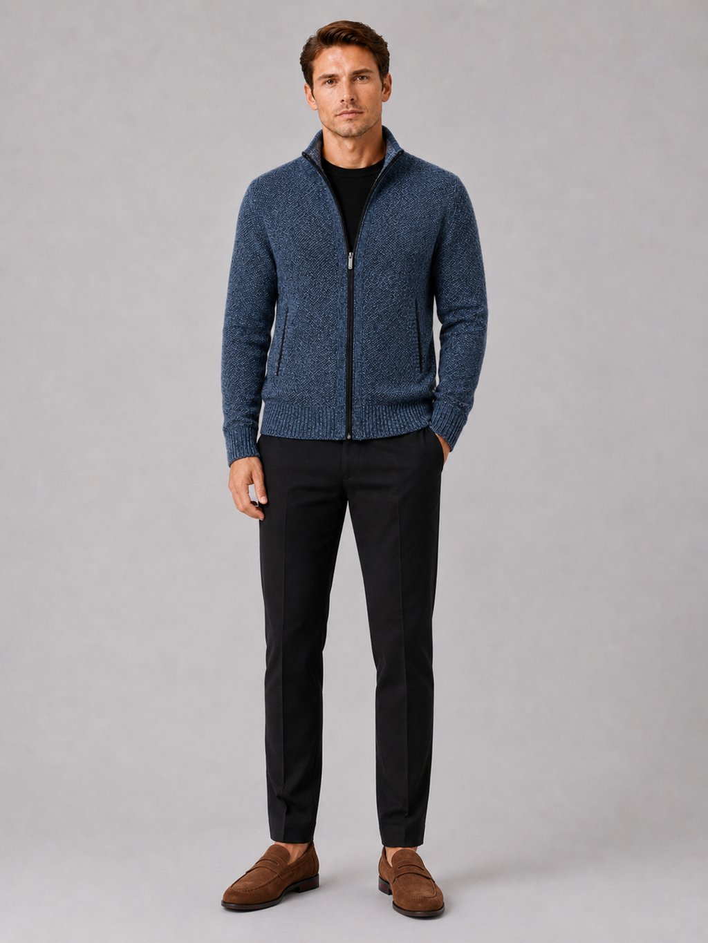 Blue fleece cardigan sweater for men full zip warm knit jacket for everyday wear