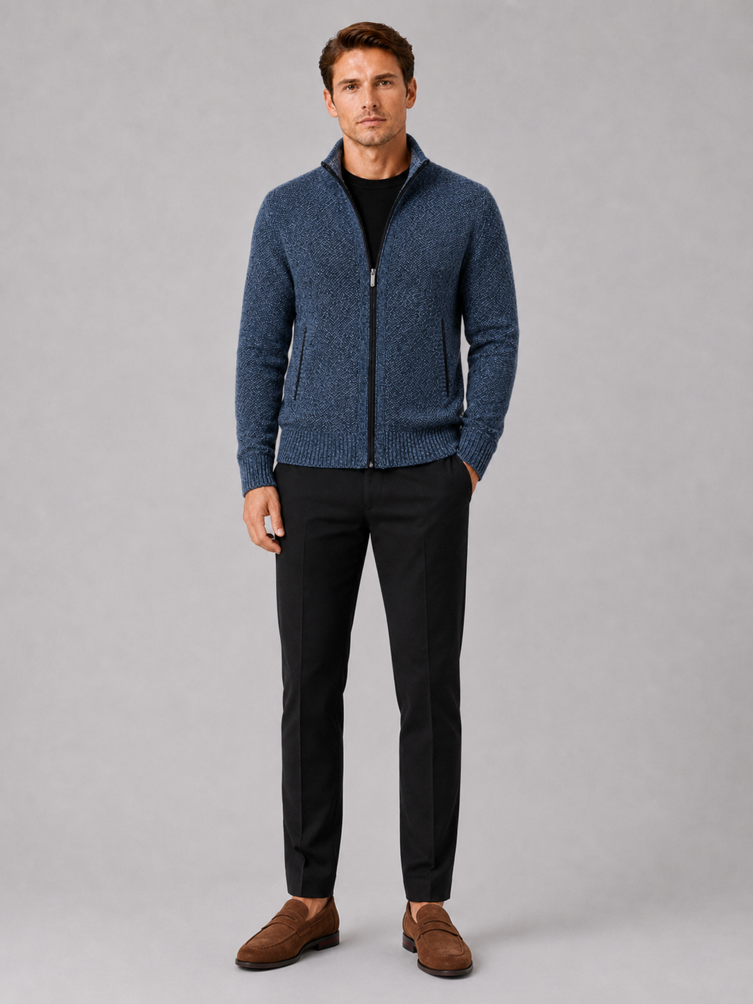 Blue fleece cardigan sweater for men full zip warm knit jacket for everyday wear