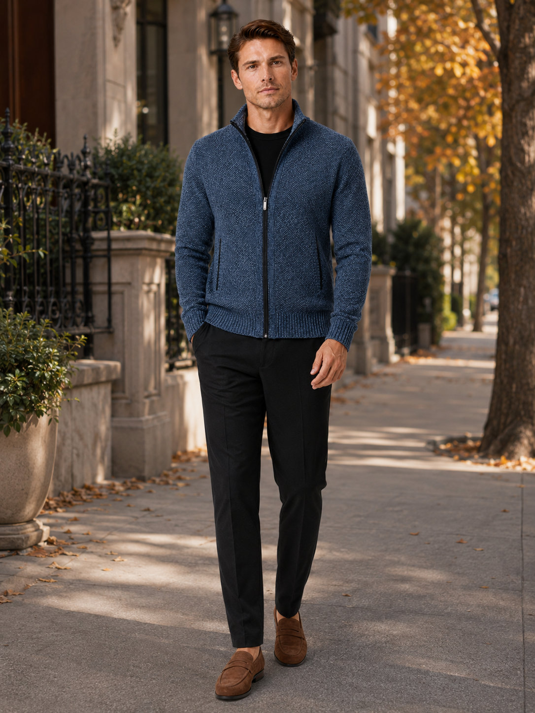 Man styling blue fleece cardigan sweater in a classic everyday winter lifestyle outfit