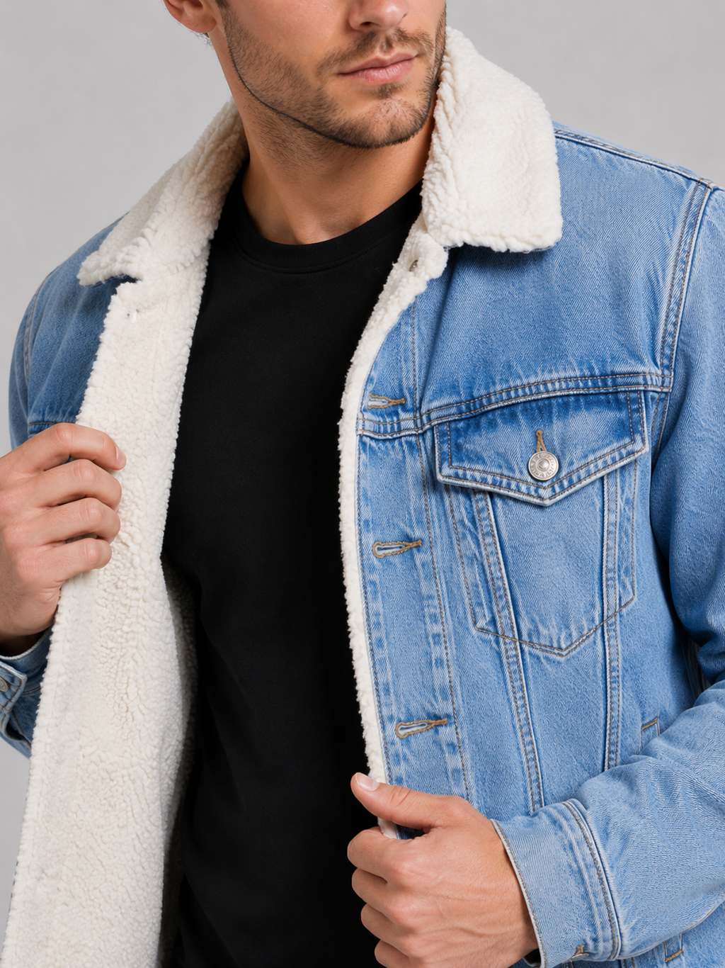 Close up of blue denim jacket showing soft fleece lining, washed fabric, and turn down collar detail