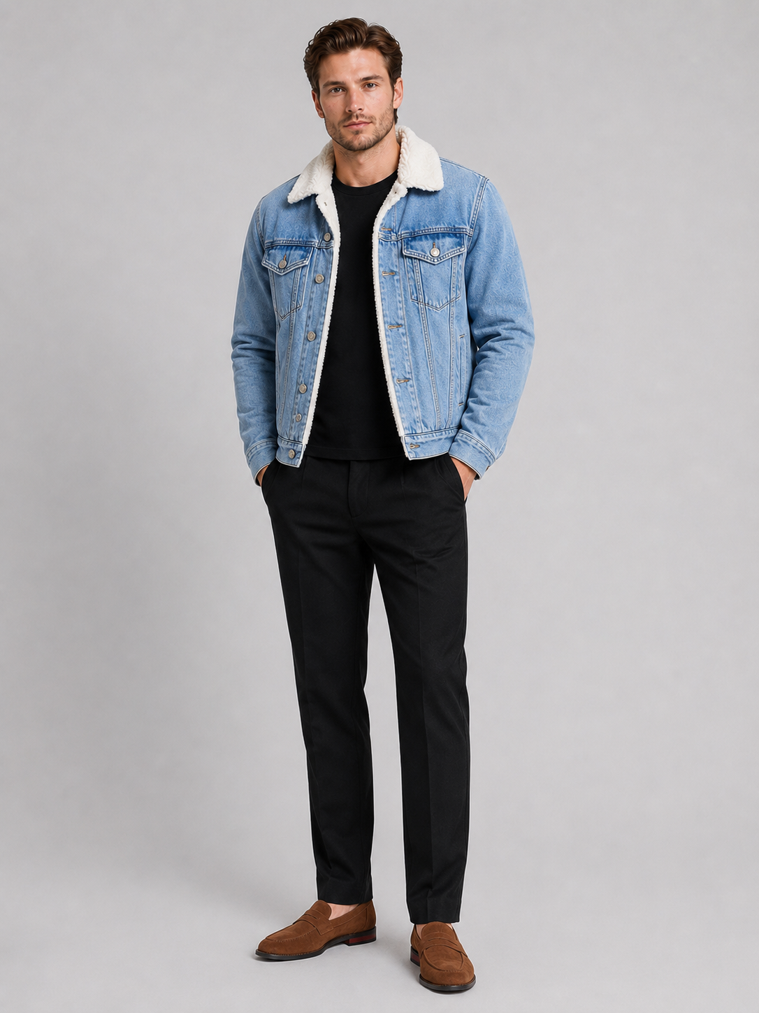 Blue fleece lined denim jacket for men thick warm outerwear for winter and everyday wear