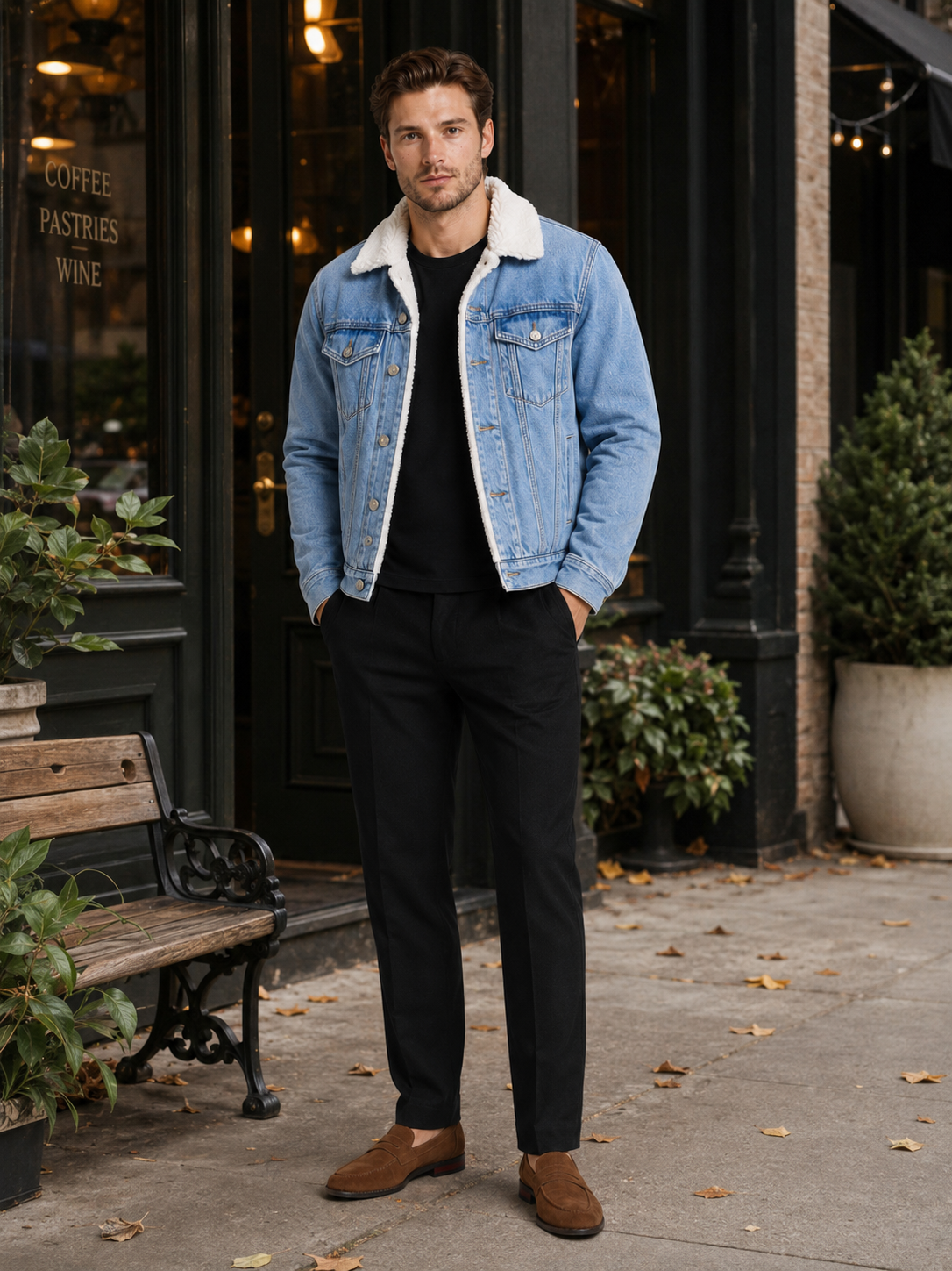 Man styling blue fleece lined denim jacket in a rugged outdoor and everyday winter outfit