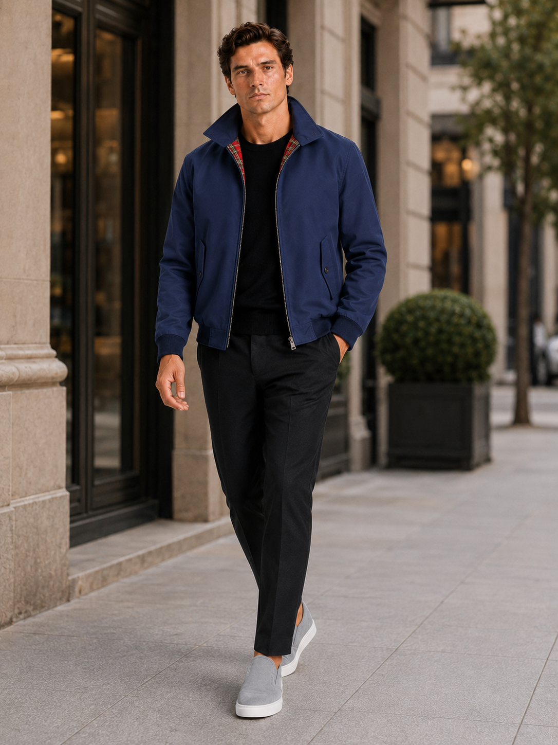 Man styling blue Harrington fall jacket in a clean everyday lifestyle outfit