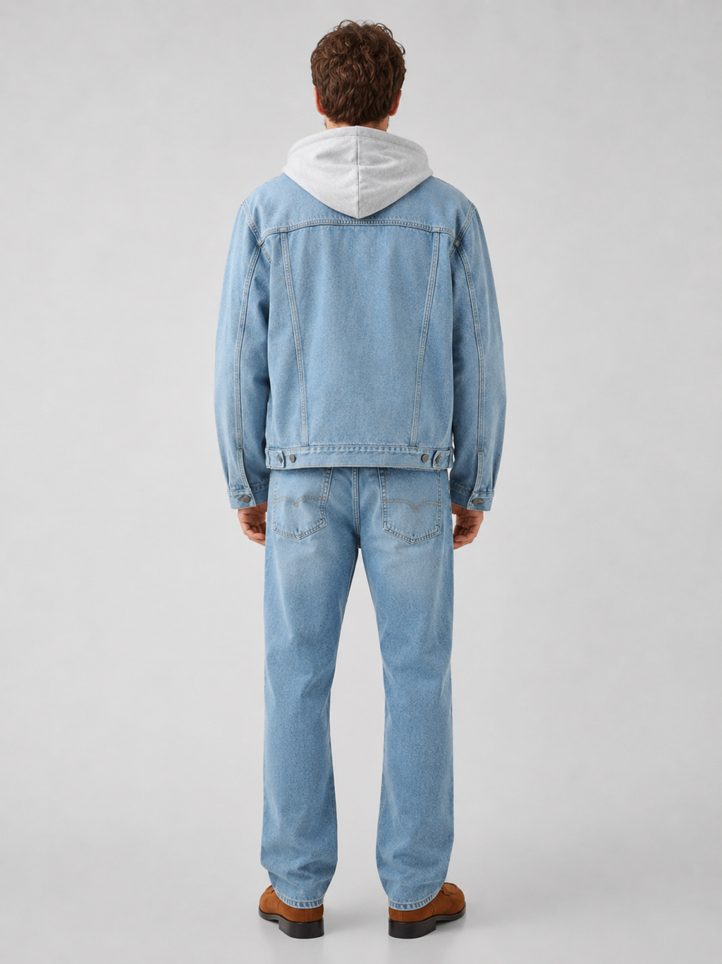 Men’s blue denim jacket with removable hood comfortable casual layer for streetwear outfits