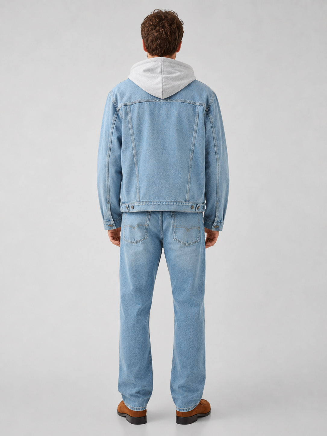 Men’s blue denim jacket with removable hood comfortable casual layer for streetwear outfits
