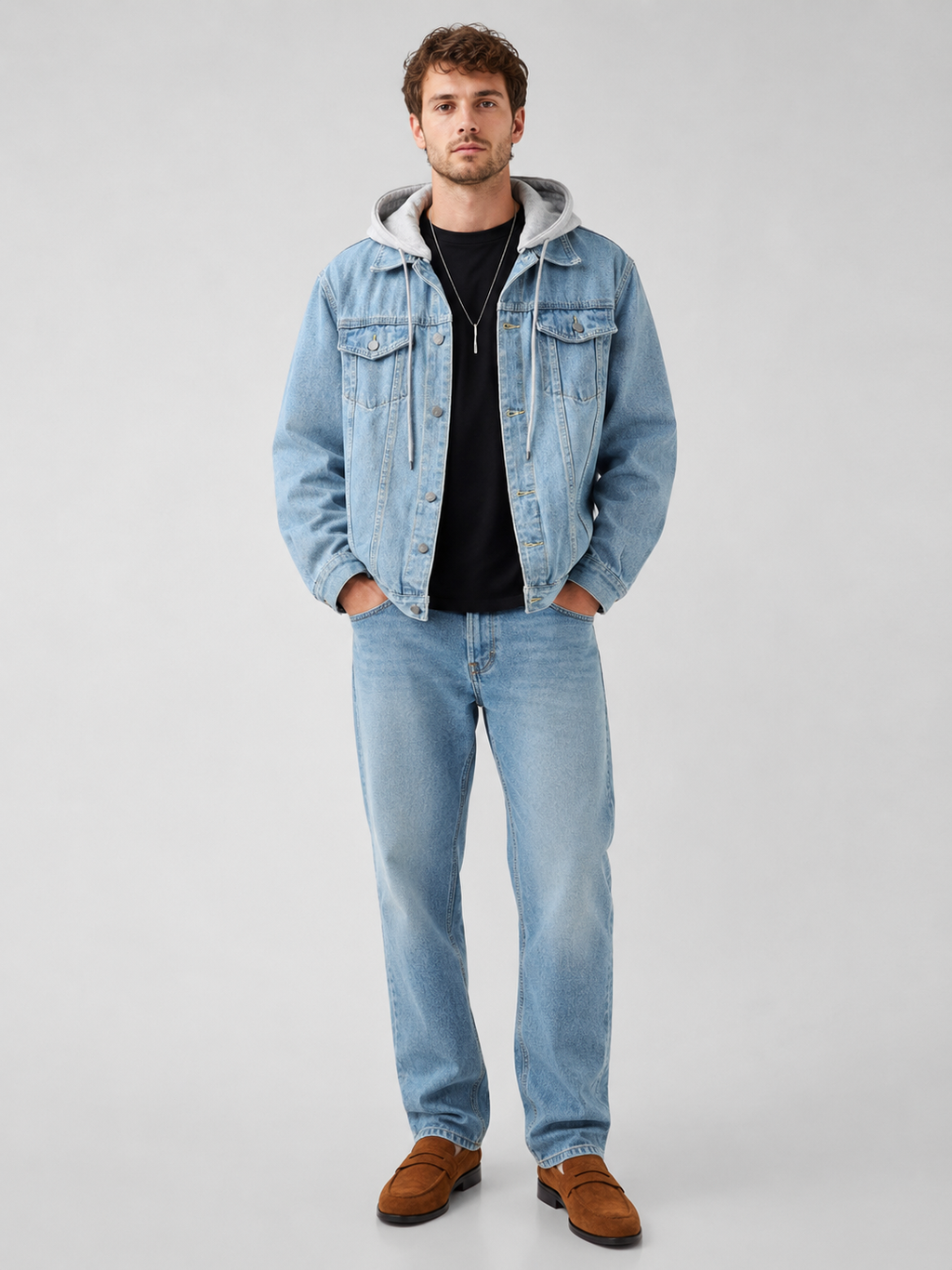 Blue hooded denim jacket for men loose fit fall winter outerwear for everyday wear