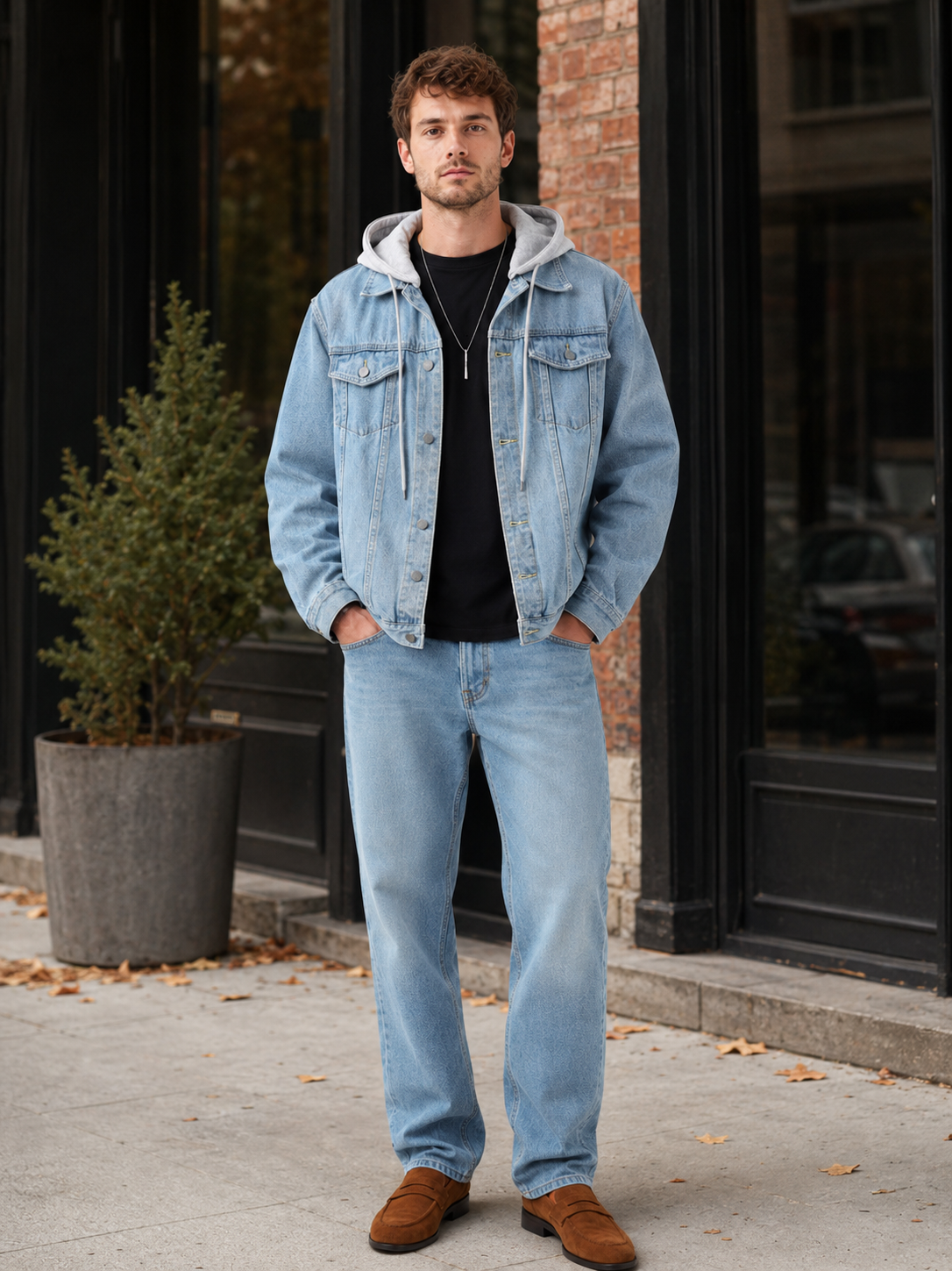 Man styling blue hooded denim jacket in a relaxed fall winter streetwear outfit