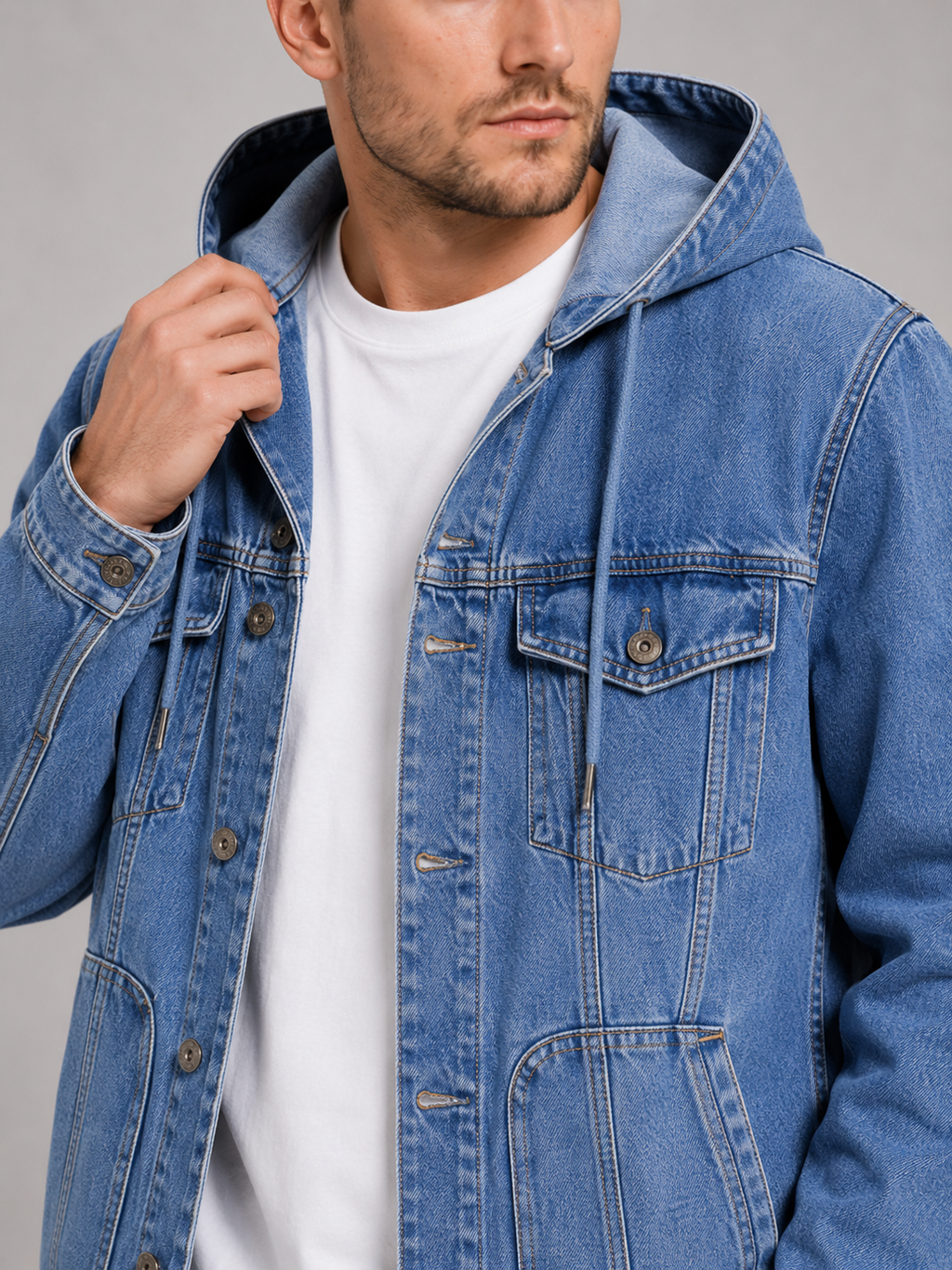 Close up of blue hooded denim jacket showing durable fabric, large utility pockets, and hood detail
