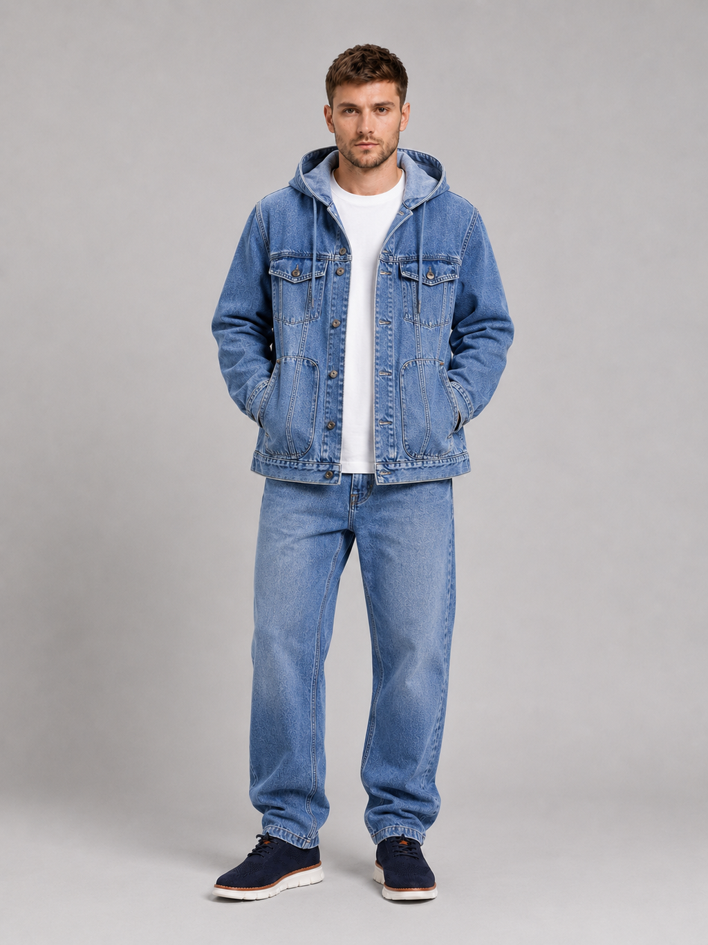 Blue hooded denim jacket for men windproof fall outerwear for everyday wear