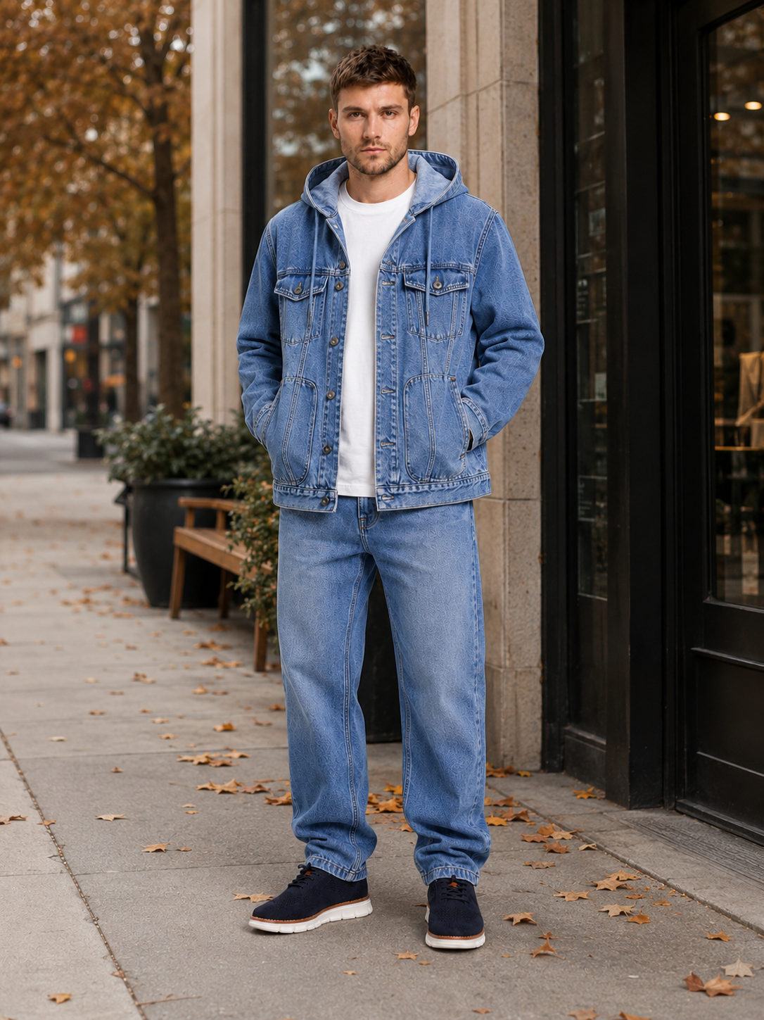 Man styling blue hooded denim jacket in a relaxed streetwear and everyday lifestyle outfit