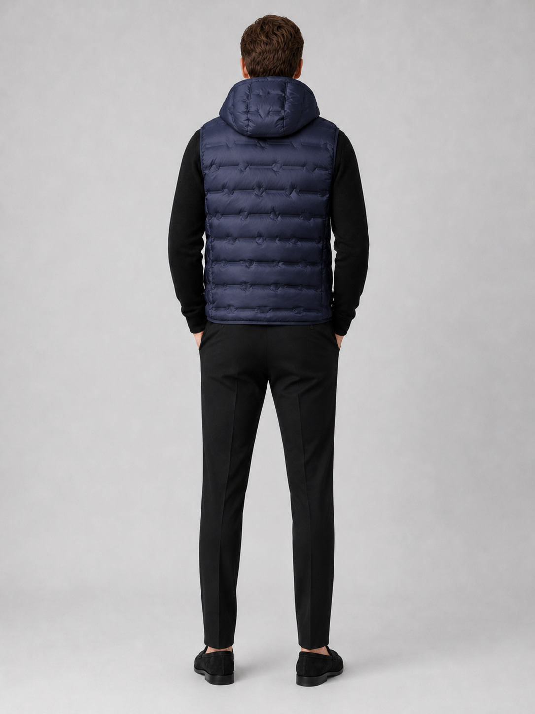 Men’s navy insulated hooded puffer vest comfortable sleeveless outerwear for hiking, travel, and casual outfits