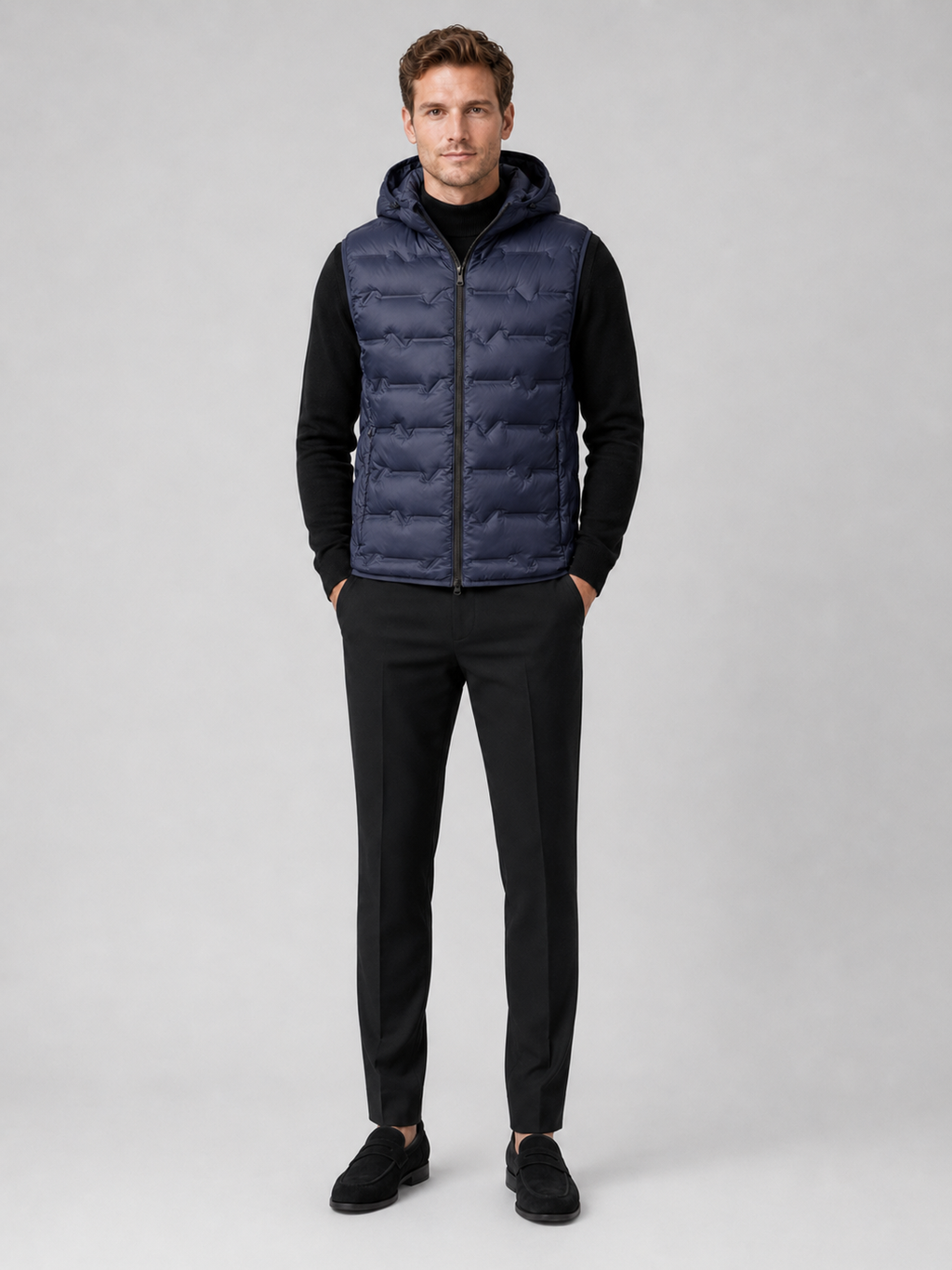 Navy hooded down vest for men ultralight windproof waterproof winter puffer vest for outdoor and everyday wear