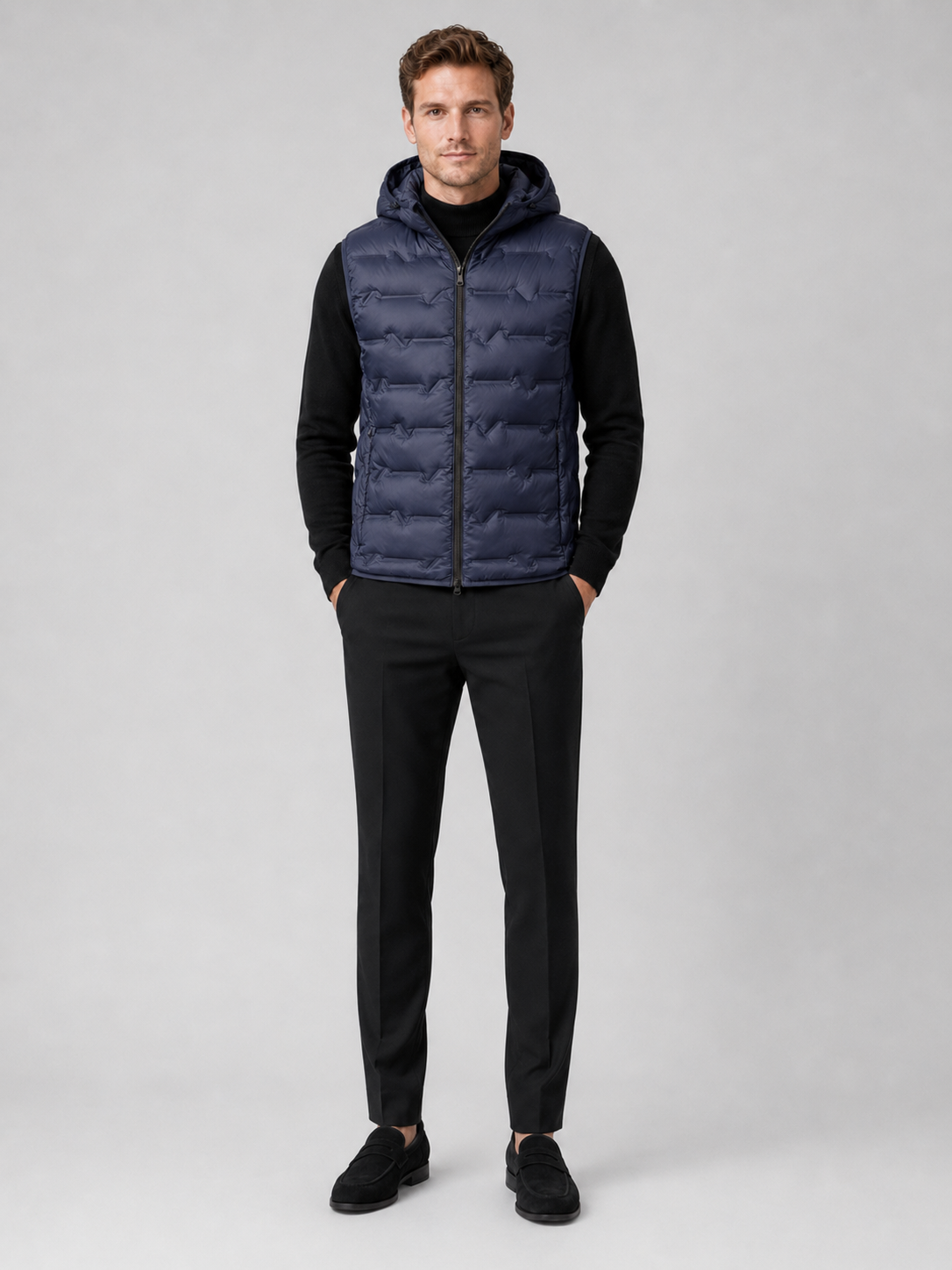 Navy hooded down vest for men ultralight windproof waterproof winter puffer vest for outdoor and everyday wear