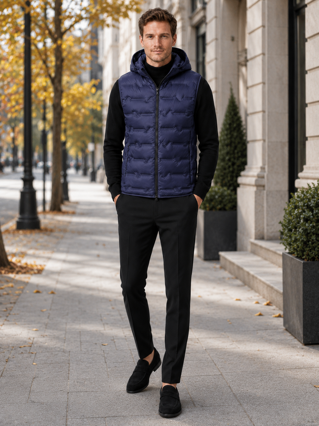 Man styling navy hooded down vest in a classic outdoor and everyday winter lifestyle outfit