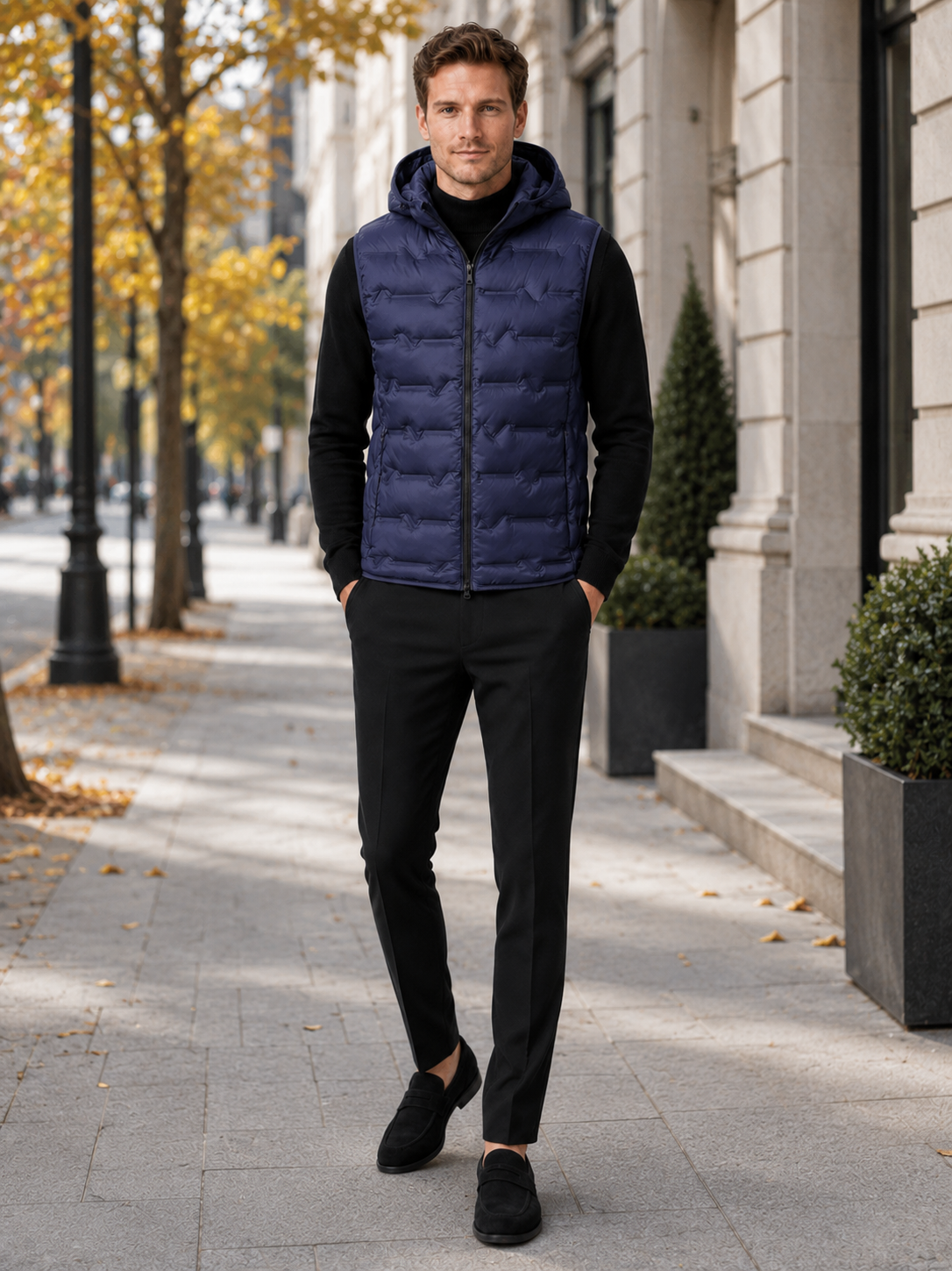 Man styling navy hooded down vest in a classic outdoor and everyday winter lifestyle outfit