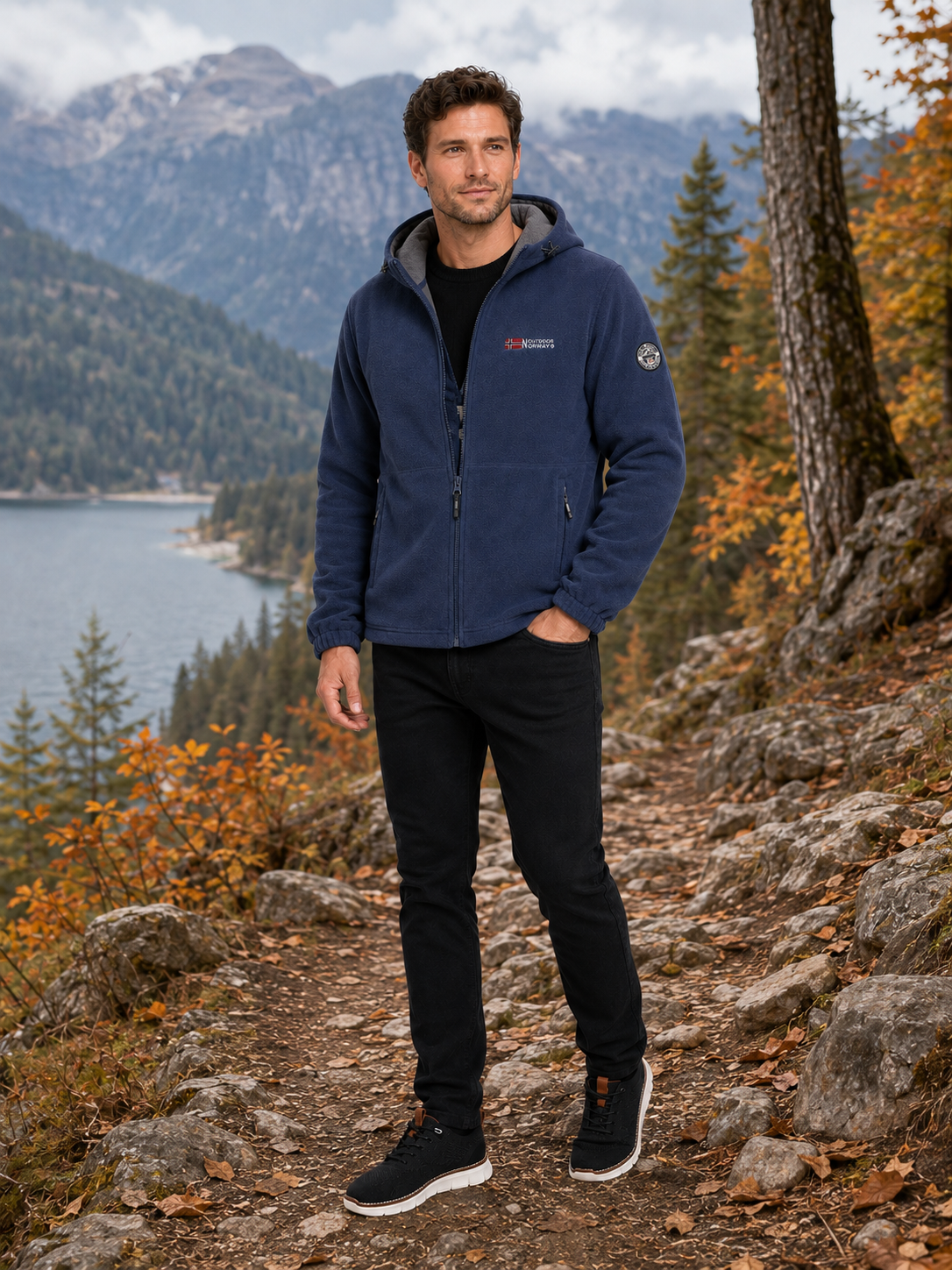 Man wearing a blue hooded windproof fleece jacket for hiking and outdoor activities in fall and winter