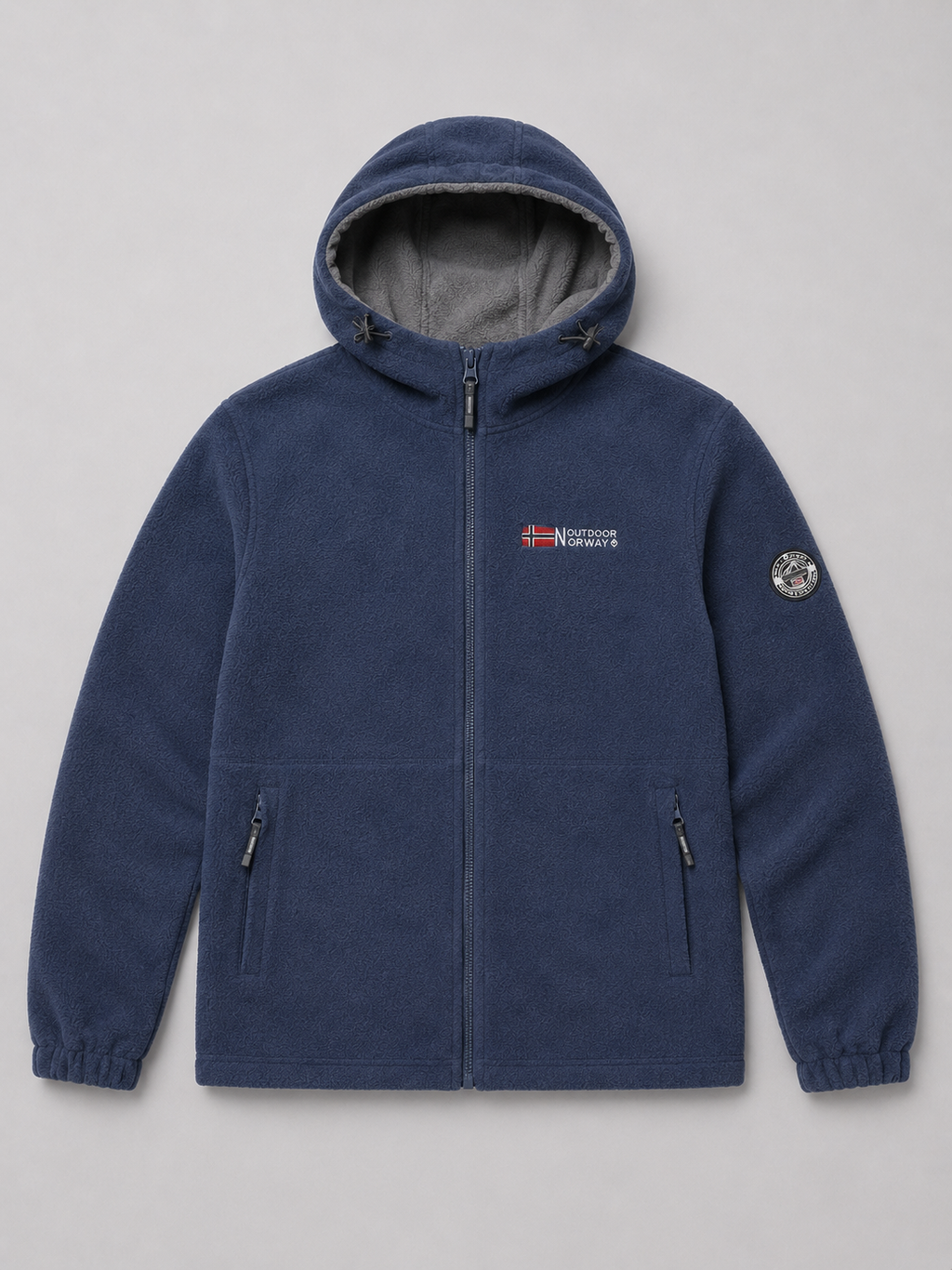 Blue men’s hooded windproof fleece jacket with thick warm construction displayed on a plain background