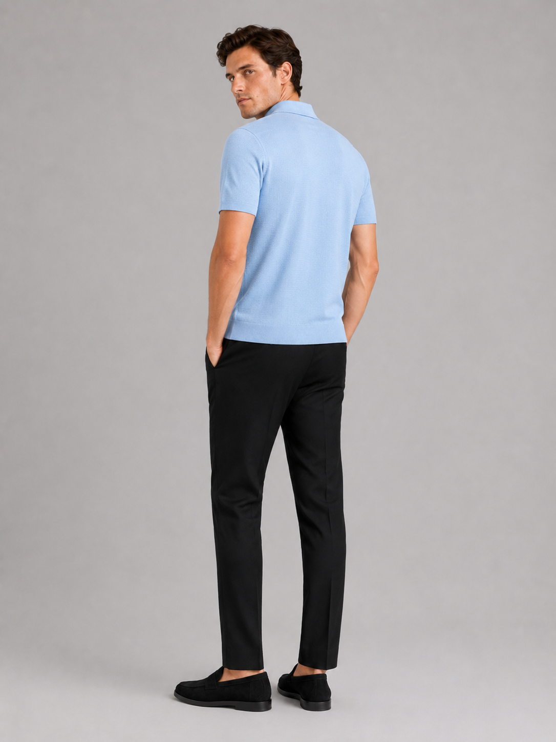 Men’s blue solid color knit polo shirt comfortable summer top for business casual outfits