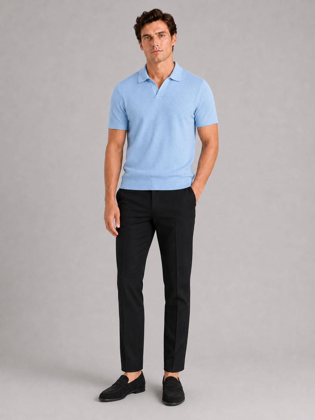 Blue knit polo t shirt for men lightweight short sleeve top for vacation and everyday wear