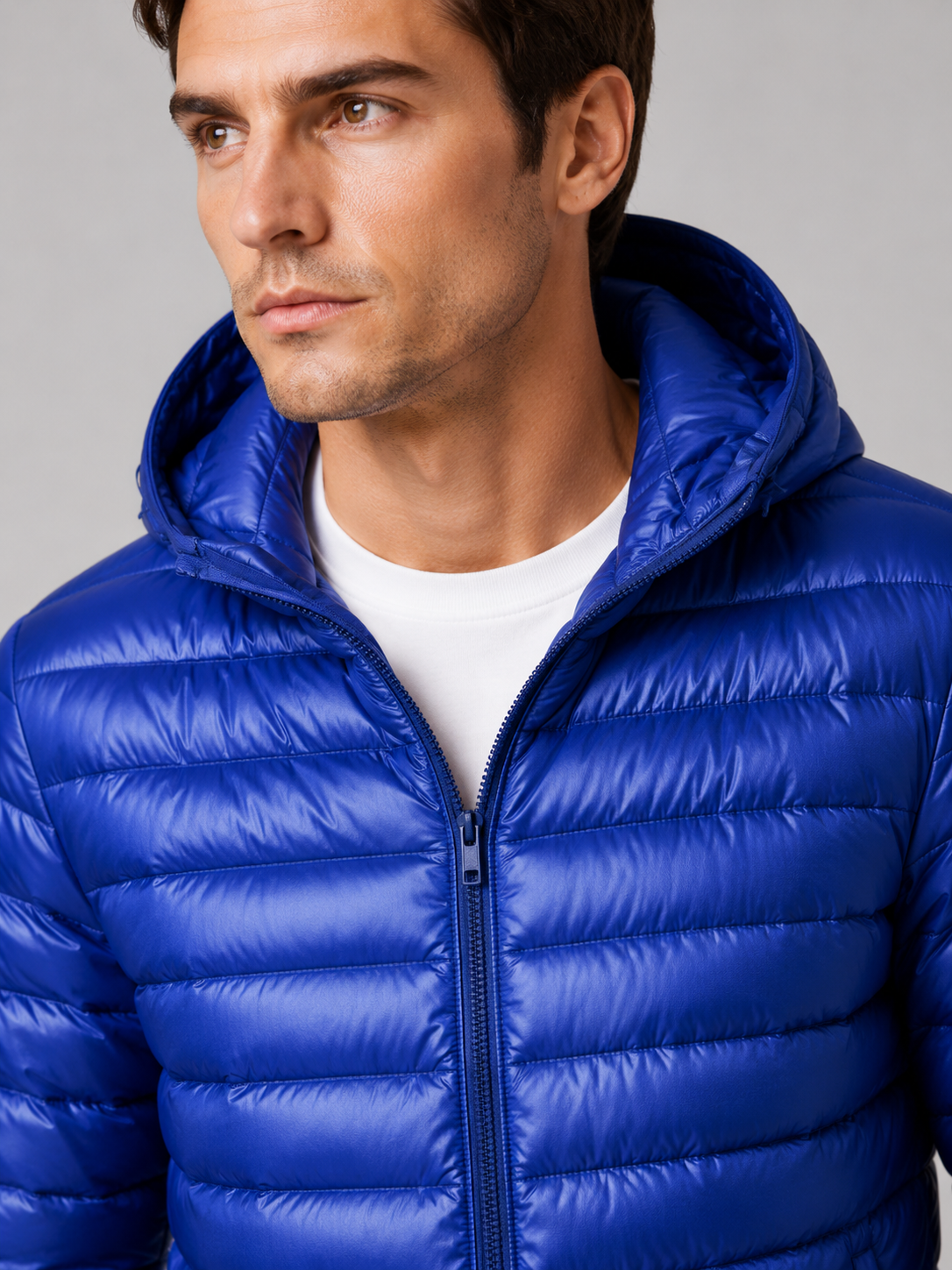 Close up of blue hooded down jacket showing lightweight quilted insulation, attached hood, and weather resistant fabric detail