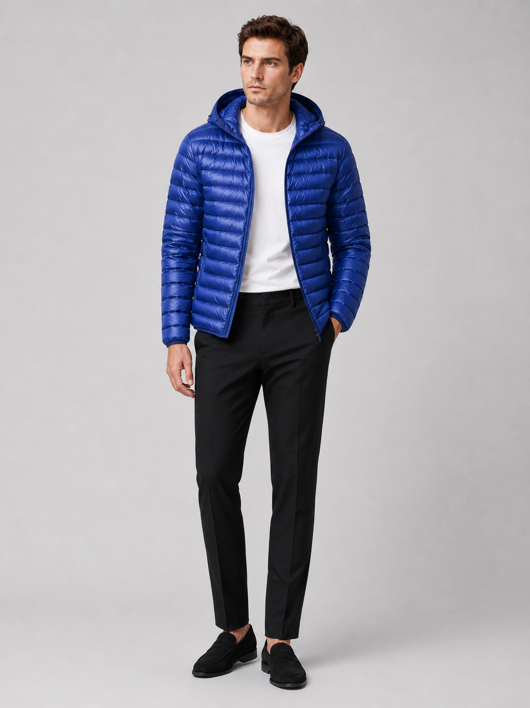Blue lightweight hooded down puffer jacket for men warm fall winter coat for travel and everyday wear