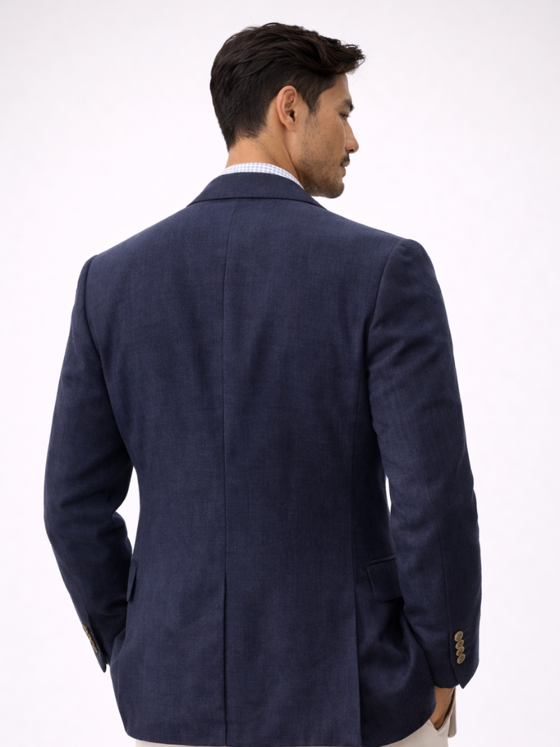 Male model in a navy smart casual blazer with a tailored fit, ideal for summer weddings, office and everyday wear.