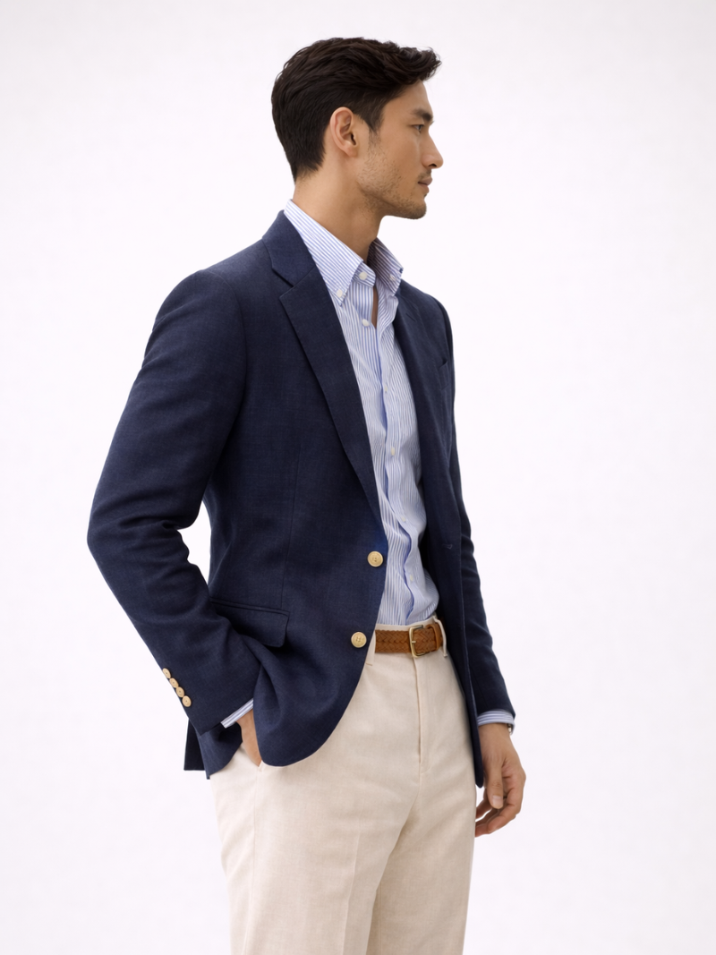 Male model wearing a navy tailored men’s summer blazer, perfect for smart casual outfits, weddings and professional wear.