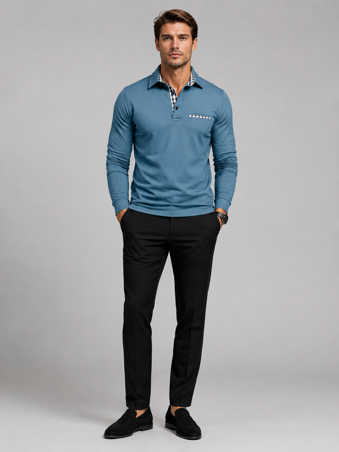 Blue long sleeve polo shirt for men plaid panel casual top for everyday and office wear