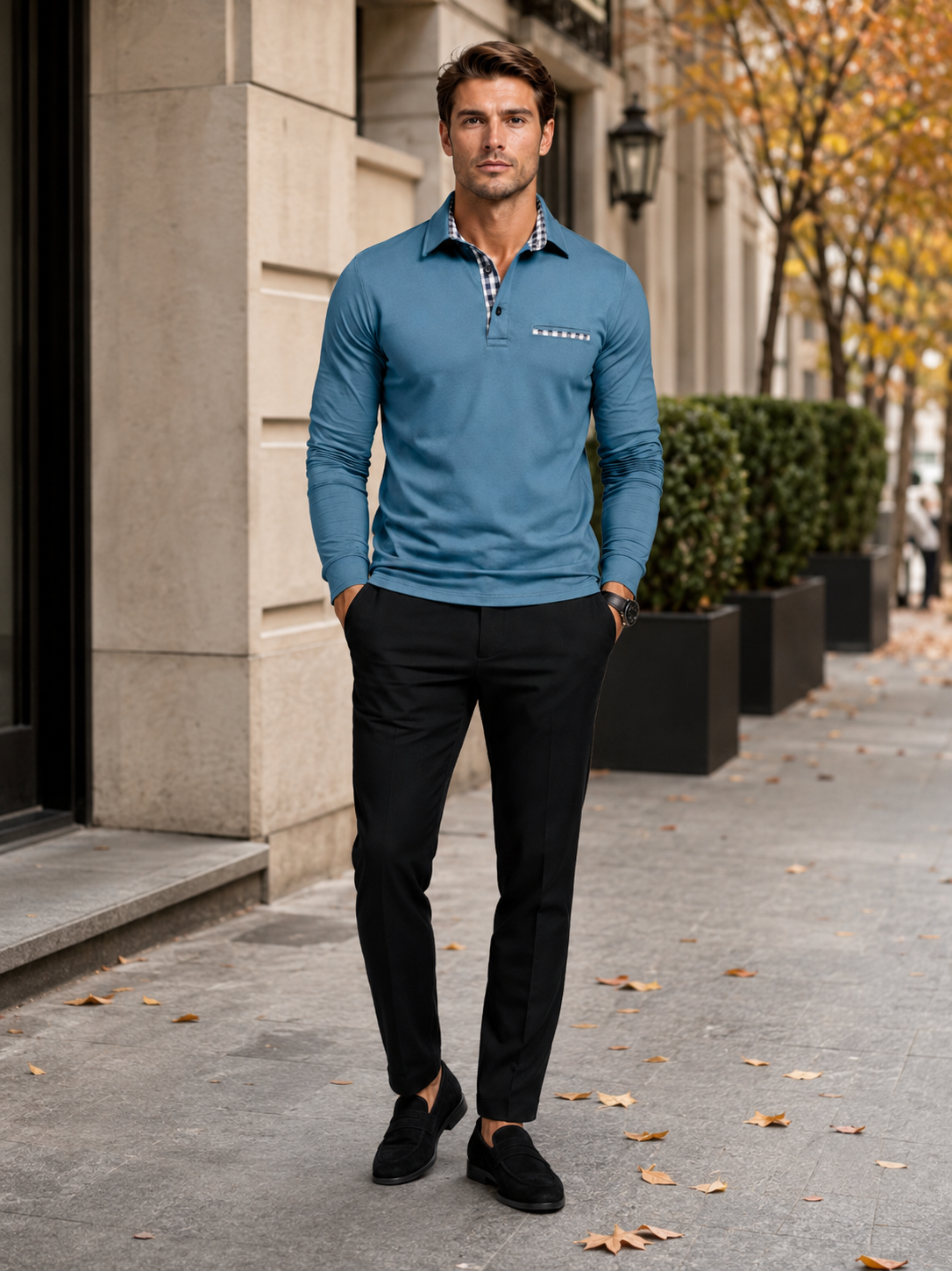 Man styling blue long sleeve polo shirt with plaid panel in a refined everyday business casual outfit