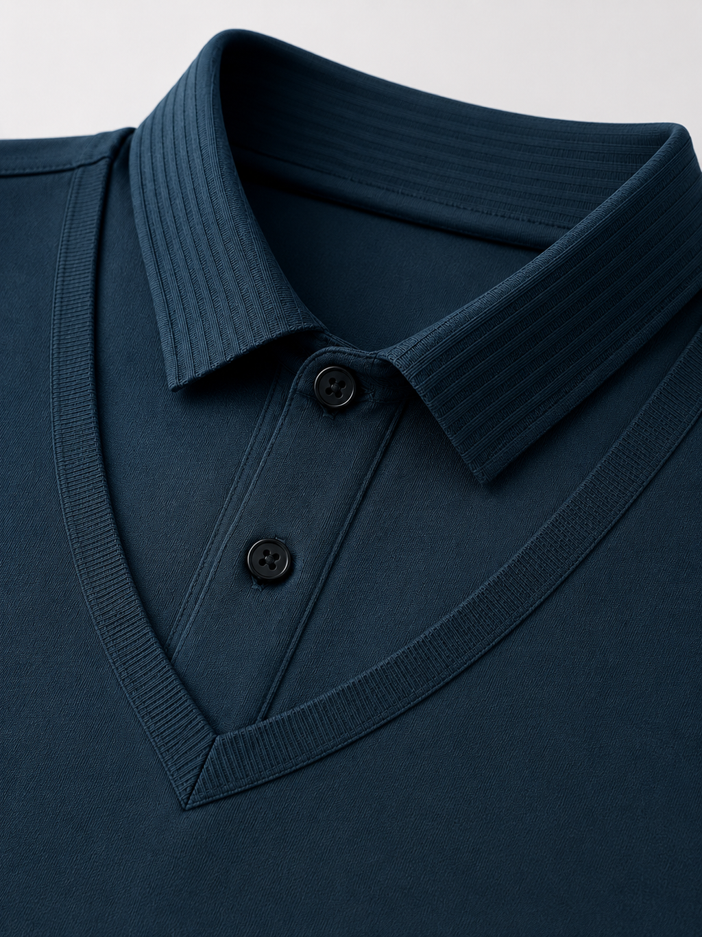 Close up of blue polo shirt showing soft lightweight fabric and refined collar detail