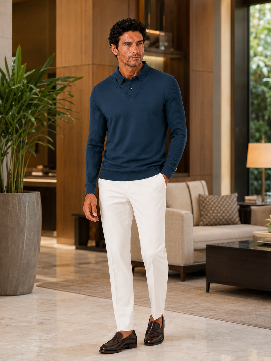 Man styling blue long sleeve polo shirt in a classic office and vacation lifestyle outfit