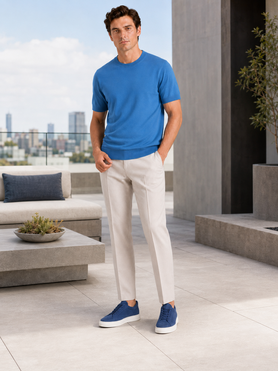 Man styling blue merino wool knit t shirt in a refined summer everyday lifestyle outfit