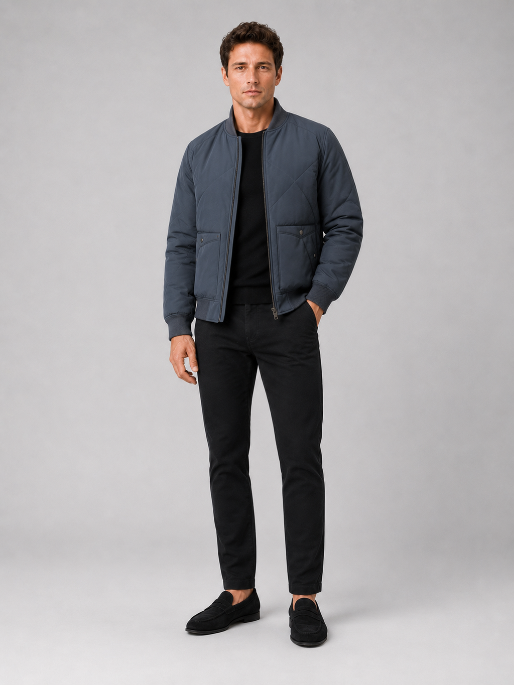 Blue padded baseball jacket for men warm outerwear for everyday and outdoor wear