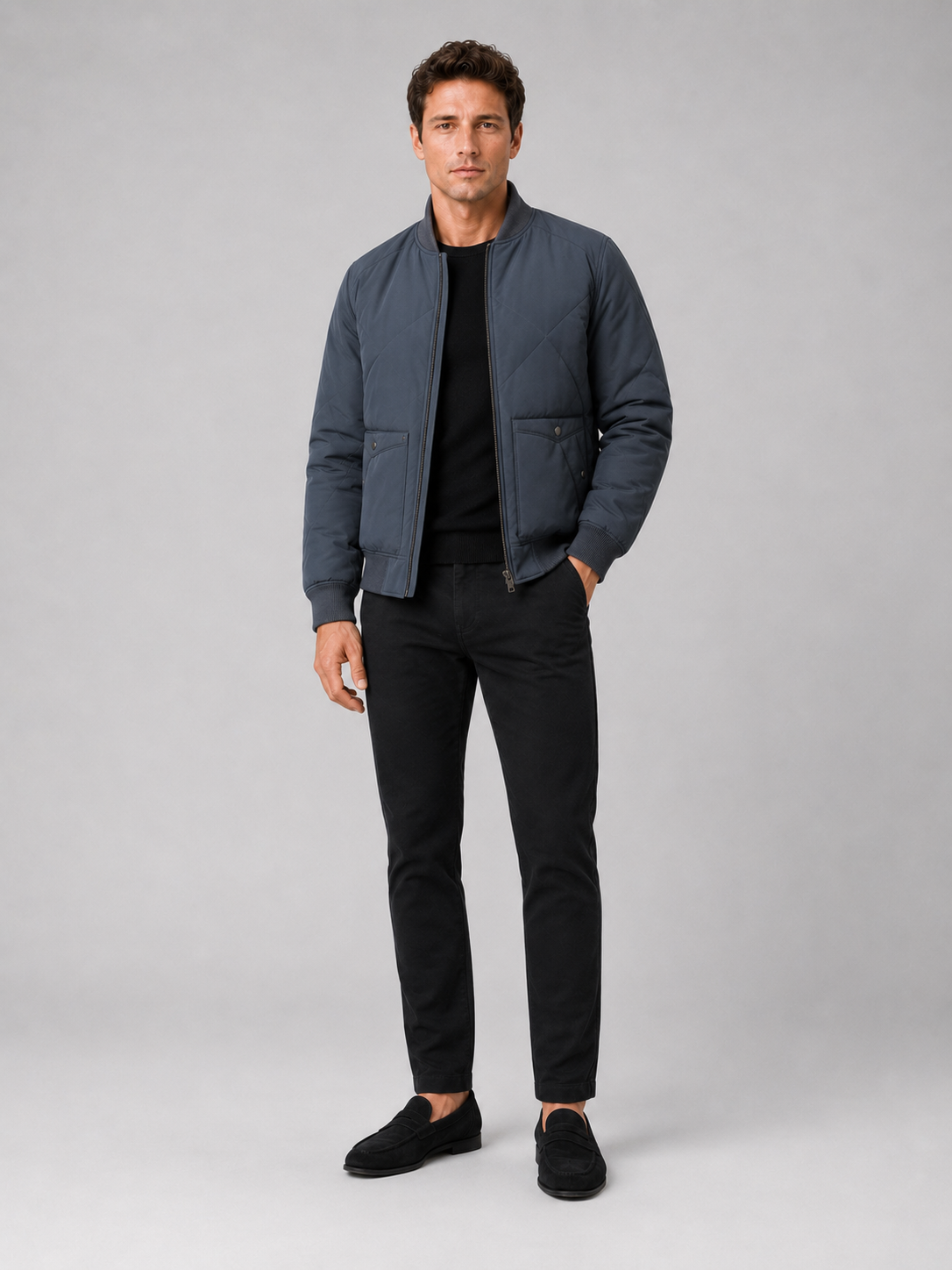 Blue padded baseball jacket for men warm outerwear for everyday and outdoor wear