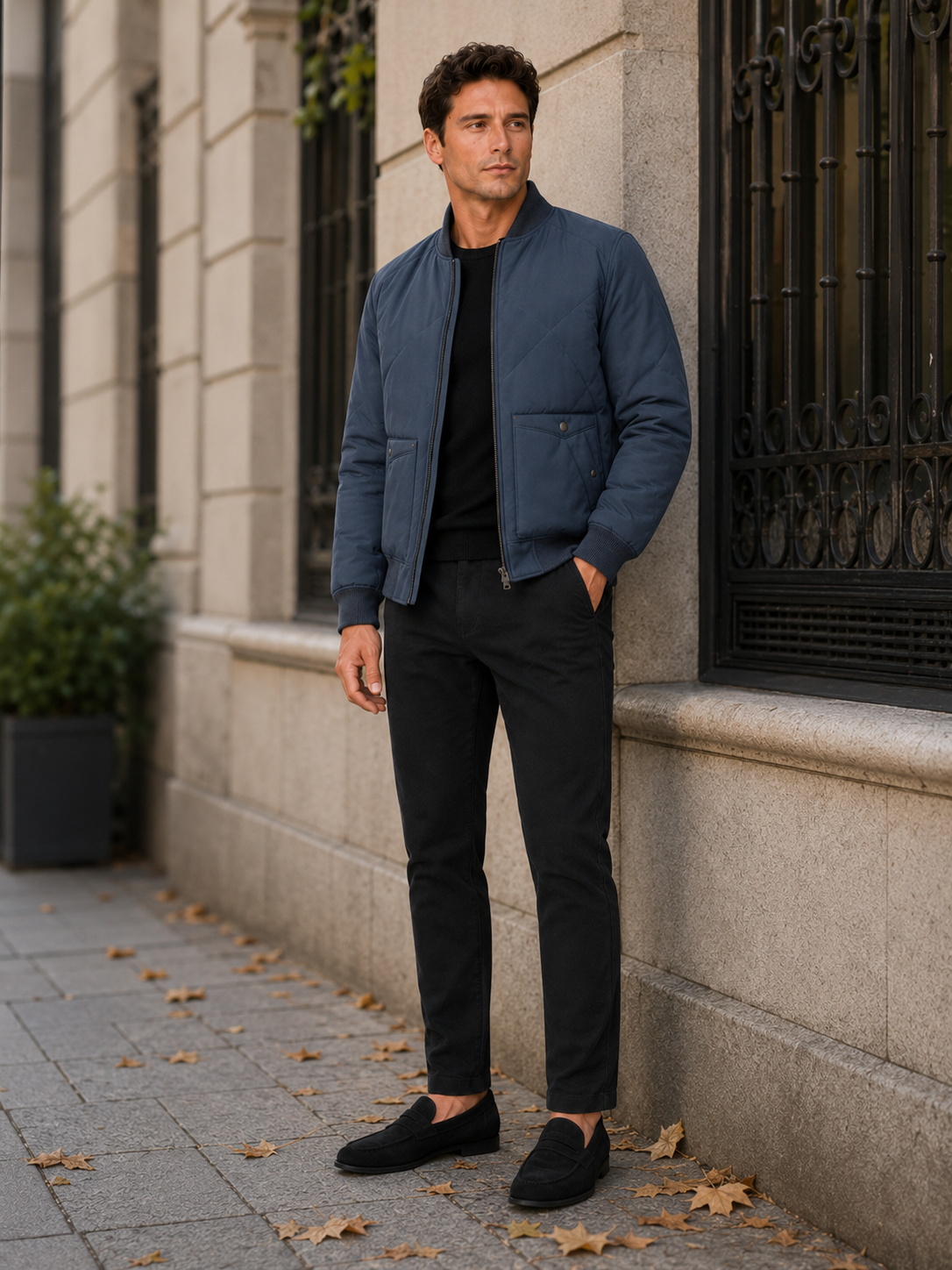 Man styling blue padded baseball jacket in a clean outdoor and everyday winter lifestyle outfit