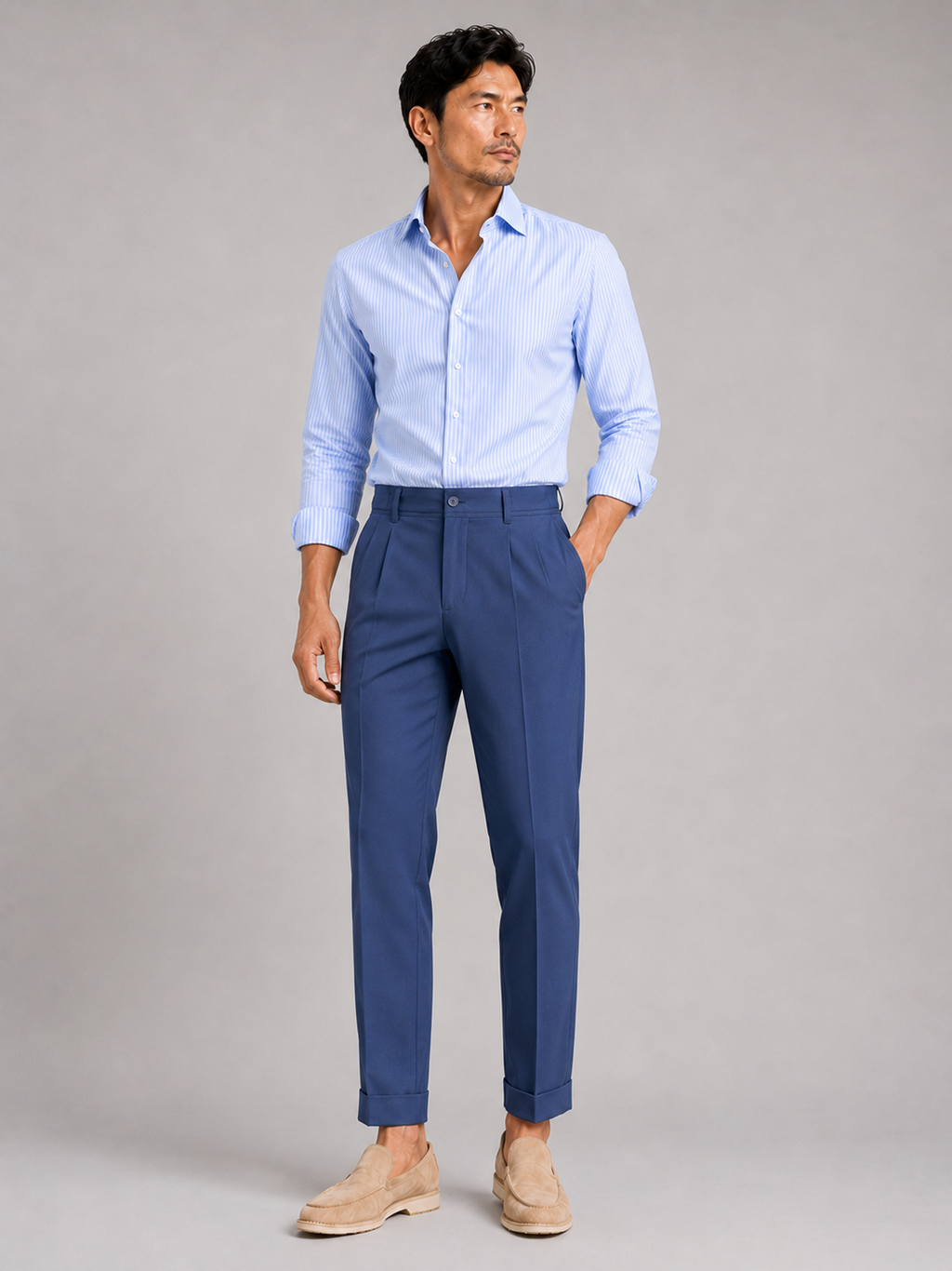 Men wearing blue summer pants straight leg stretch breathable lightweight business casual style