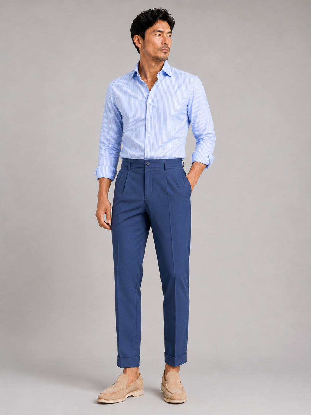 Men wearing blue summer pants straight leg stretch breathable lightweight business casual style