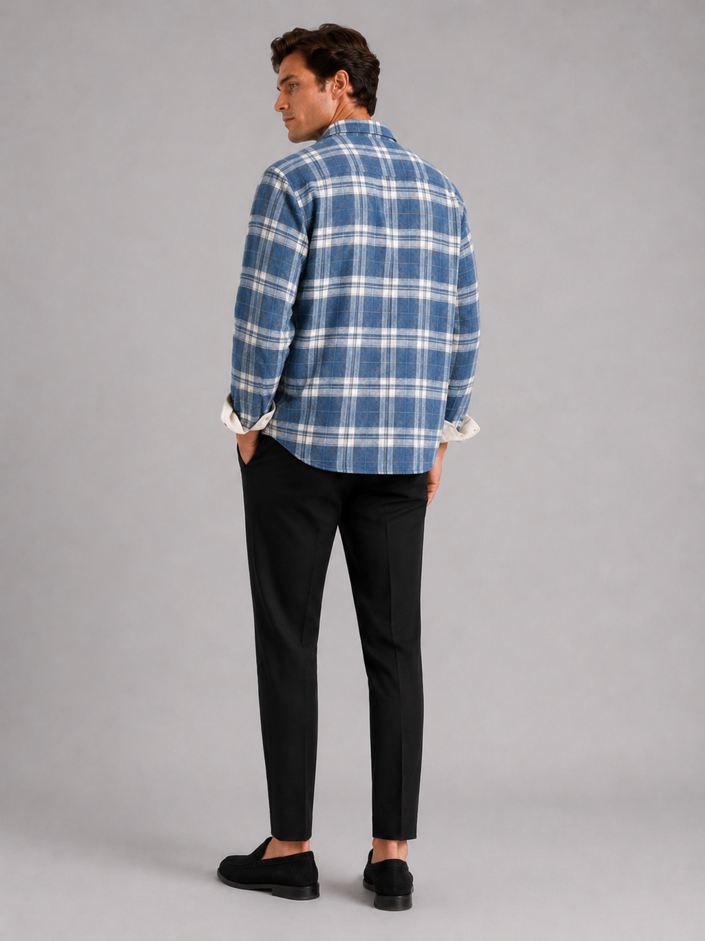 Men’s blue flannel shacket with chest pockets comfortable casual layer for everyday outfits