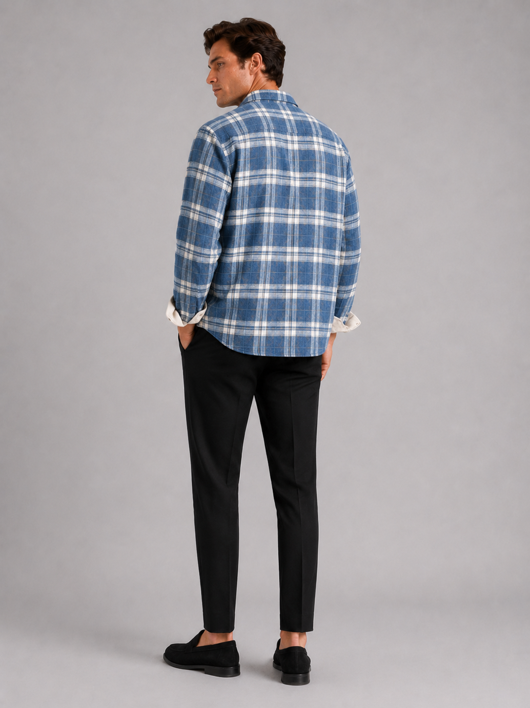 Men’s blue flannel shacket with chest pockets comfortable casual layer for everyday outfits