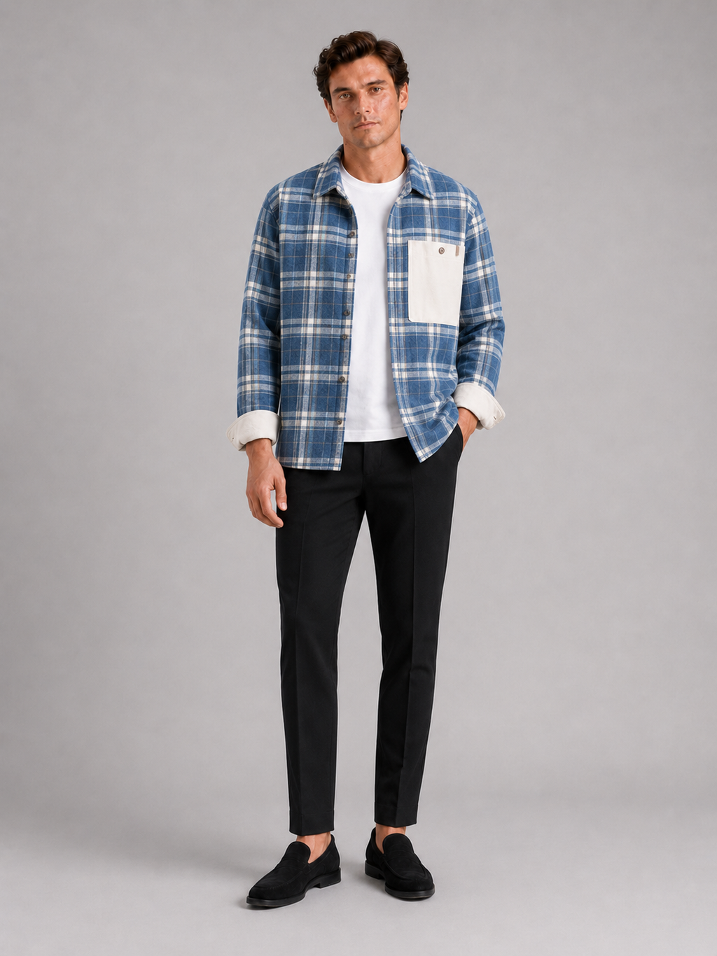Blue plaid flannel shirt jacket for men loose fit layer for spring and fall outdoor wear