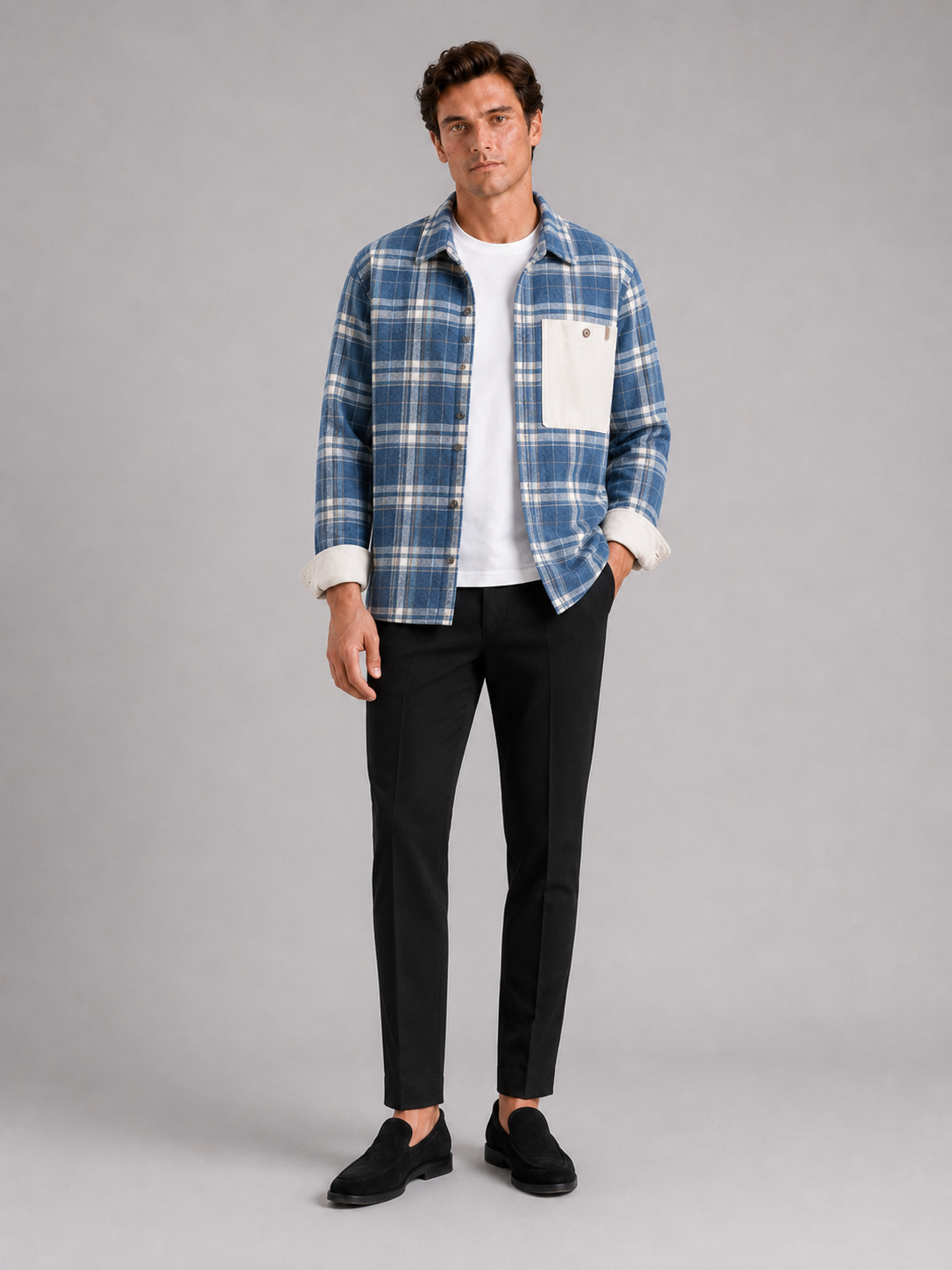 Blue plaid flannel shirt jacket for men loose fit layer for spring and fall outdoor wear