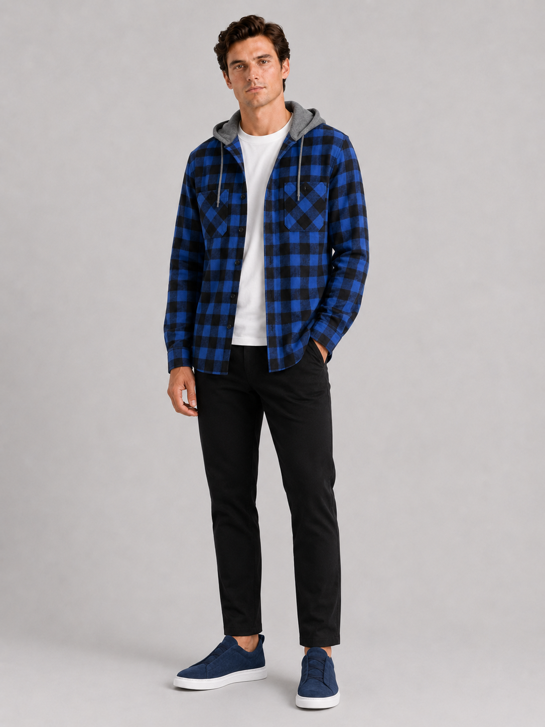 Blue plaid hooded flannel shirt jacket for men warm fall layer for outdoor wear