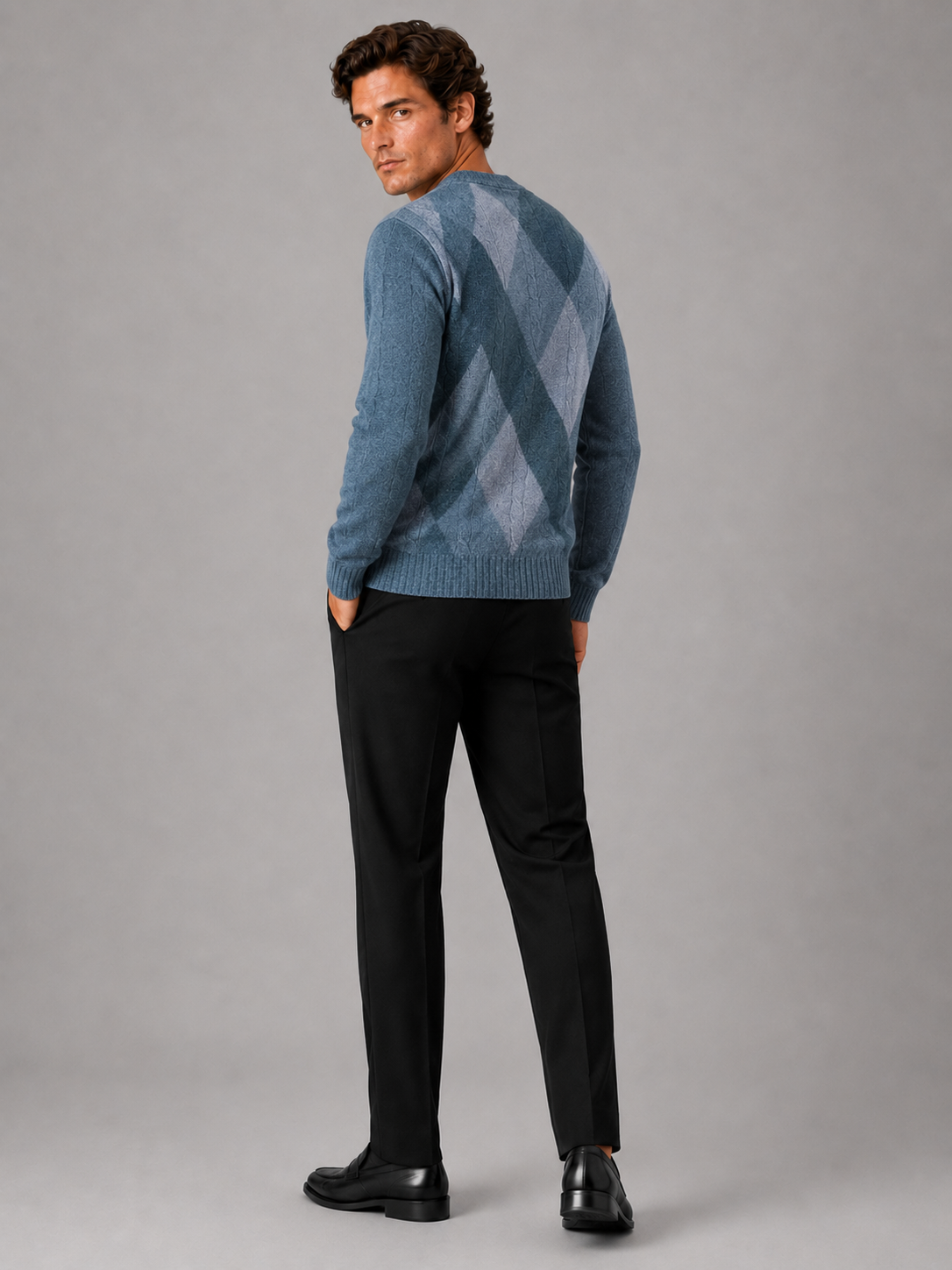 Men’s blue plaid knit pullover comfortable sweater for business casual and smart casual outfits